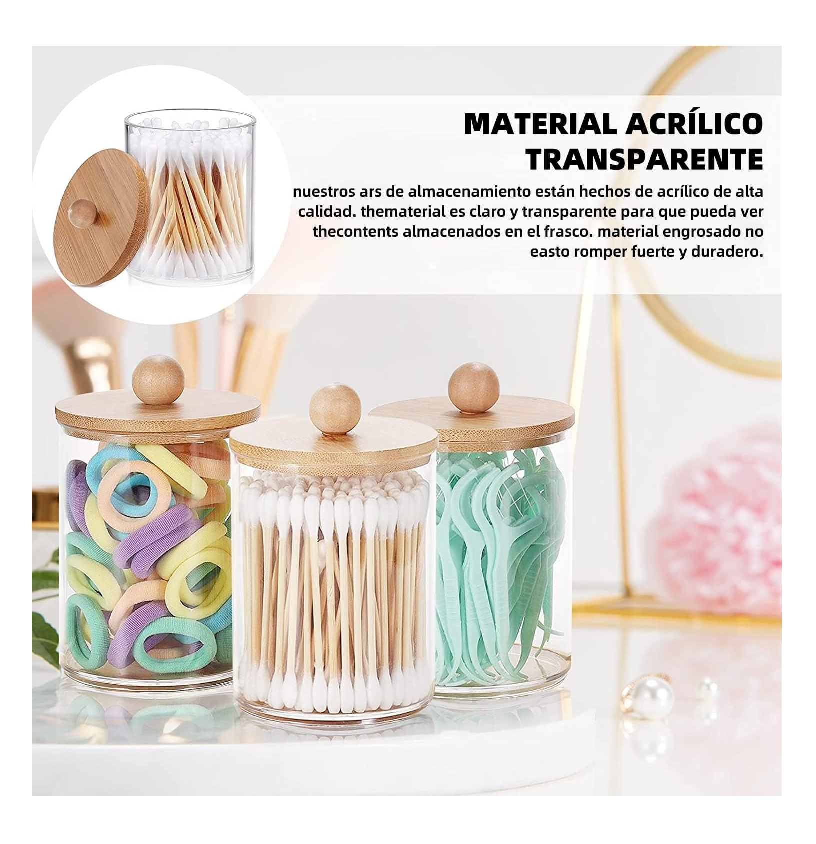 Foto 5 | Organizador De Baño De Bambú Con 4 Bastoncillos De Algodón Transparente Tapa Cafe Claro