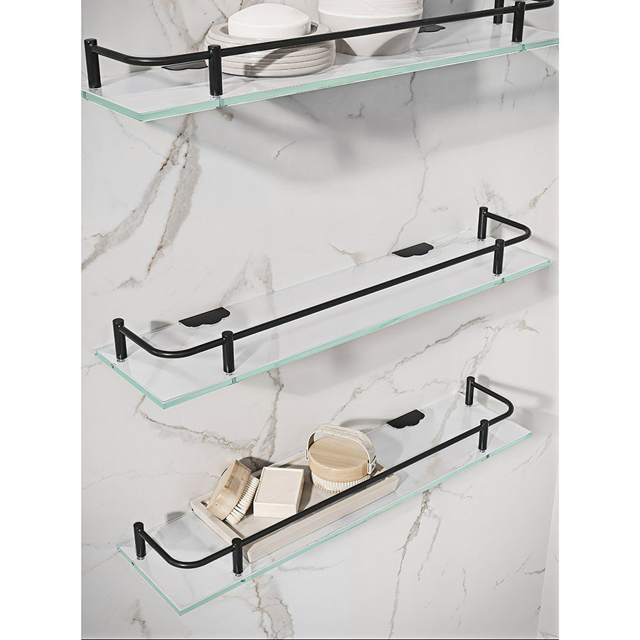 Foto 3 | Esatto Set De 4 Repisas De Vidrio Rectas Para Baño 40 X 10 Cms Herrajes Negros