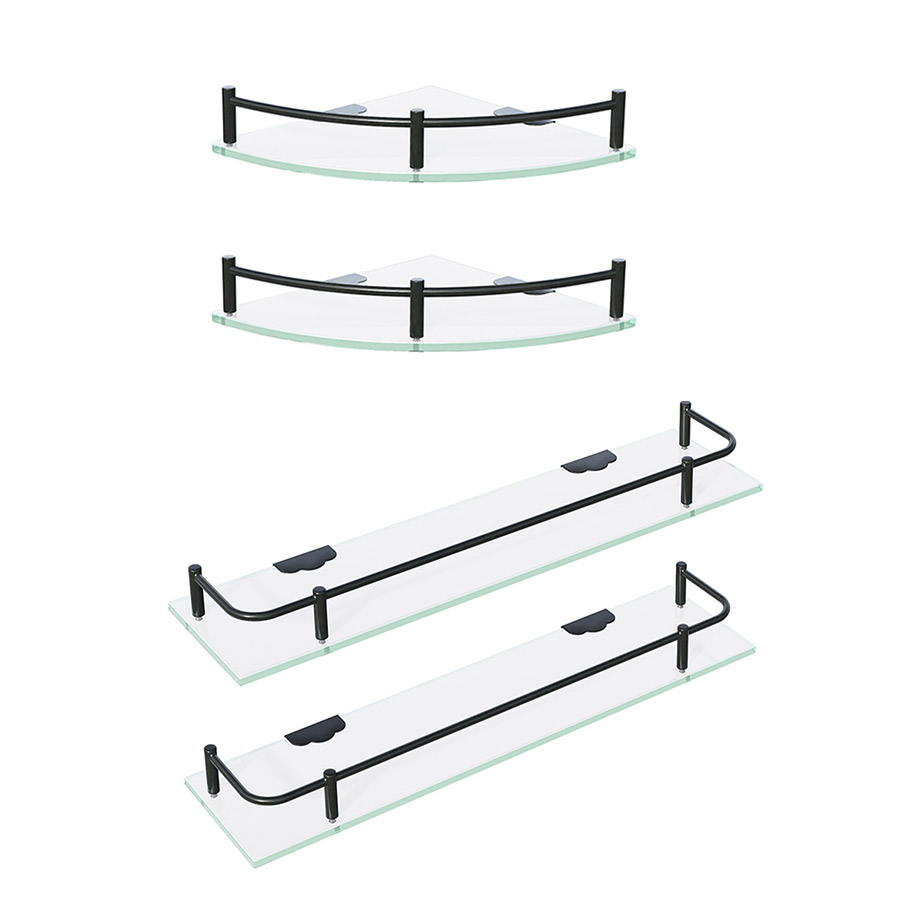 Esatto Set De 2 Repisas Rectas Y 2 Esquineras De Vidrio Cristal Para Baño Herrajes Negros