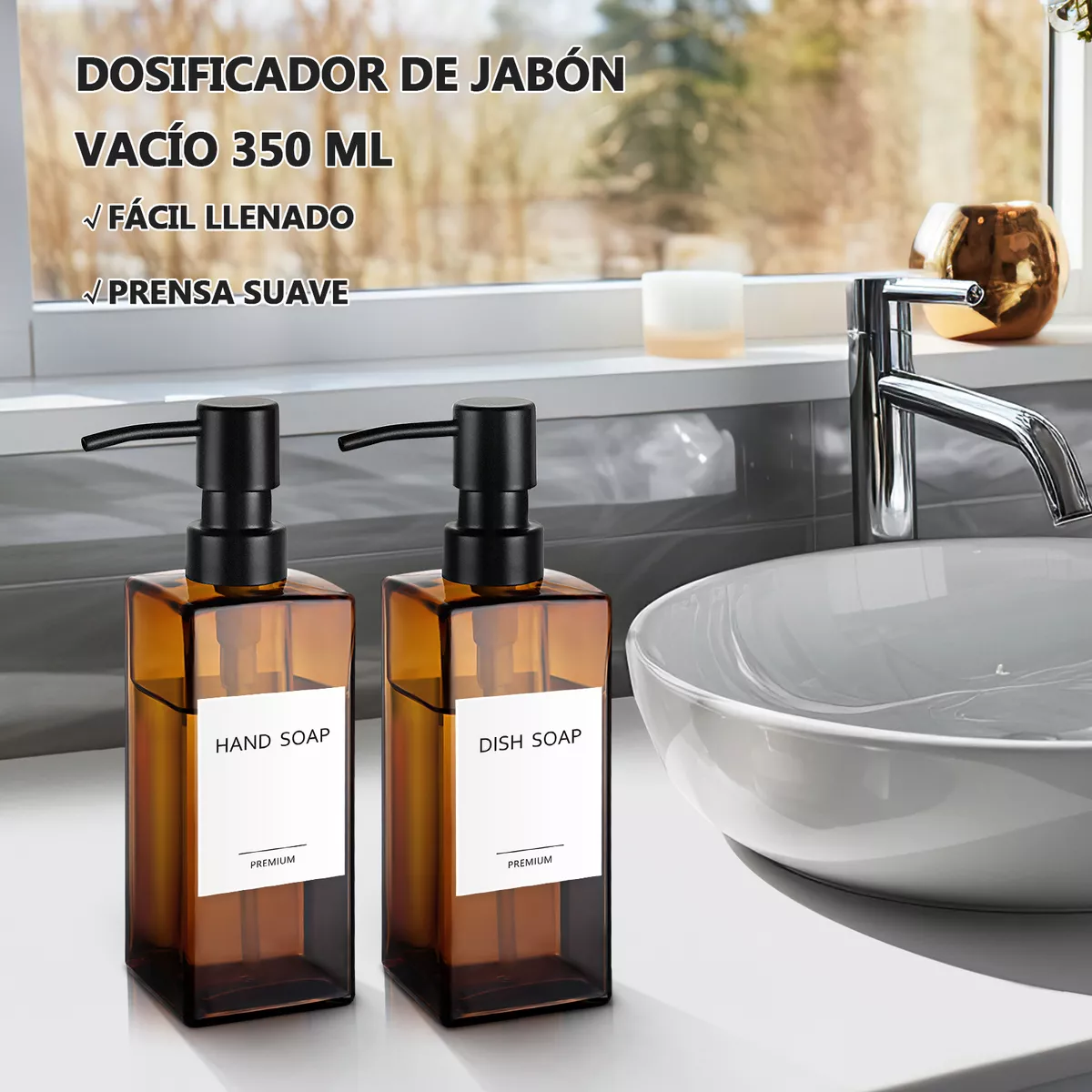 Foto 4 pulgar | Dispensador De Jabon 2 Pzs Vidrio Shampoo De Baño Y Cocina Eo Safe Imports Esi-17686 Marron
