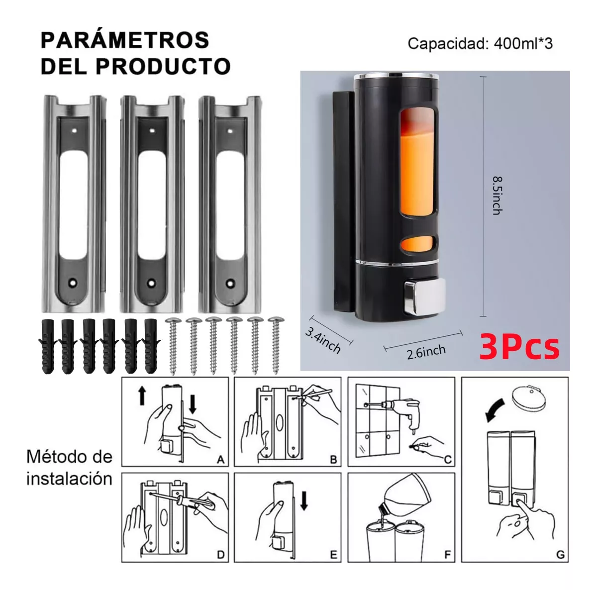 Foto 3 pulgar | Dispensador De Jabón Líquido Dispensador Gel Champú 3* Eo Safe Imports Esi-17685 Negro