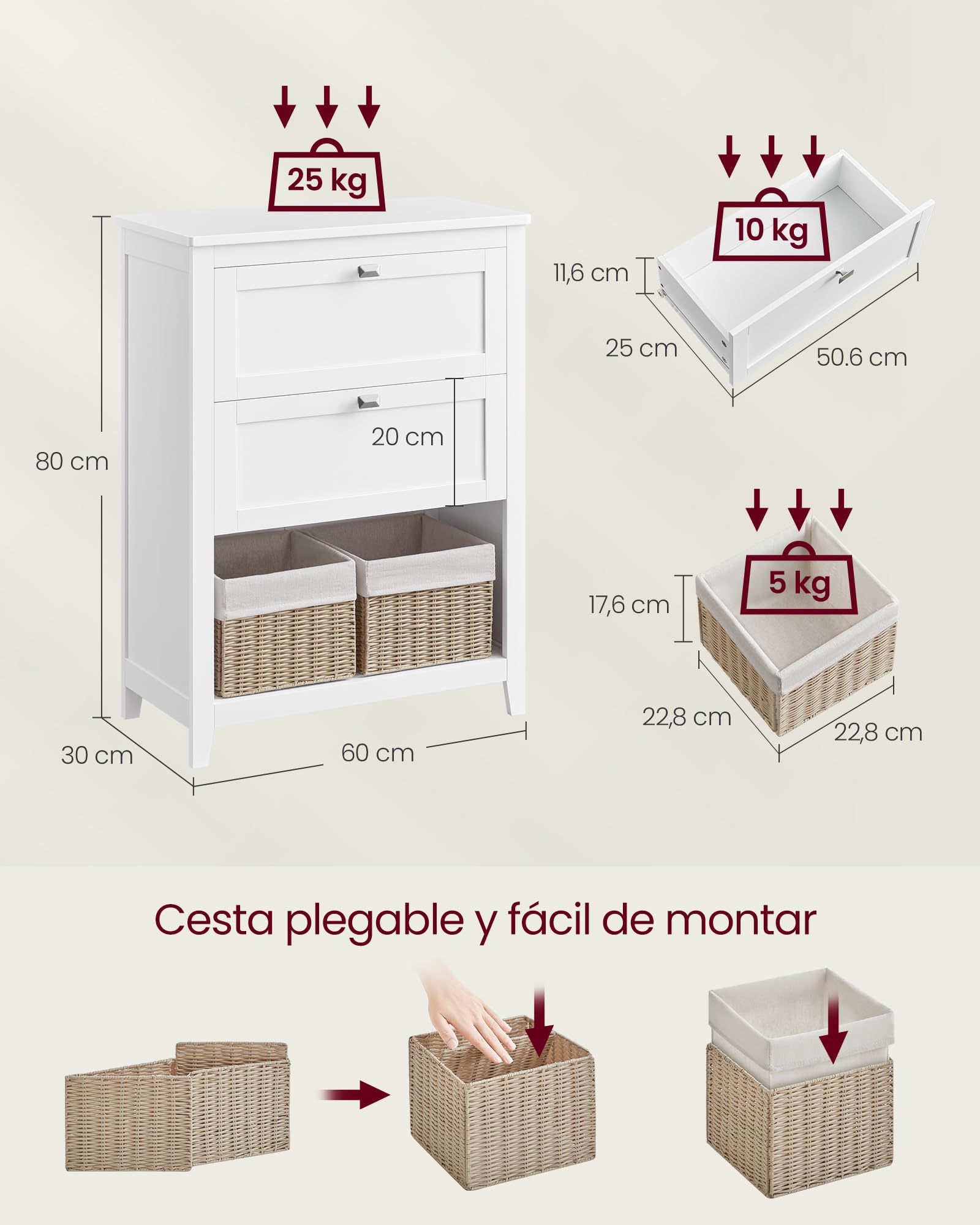 Foto 6 pulgar | Vasagle Mueble De Baño, Armario De Baño, 30 X 60 X 80 Cm, 2 Cajones, 2 Cestas, Aparador, Blanco Nube Mbbc545w02