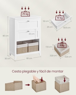 Foto 5 | Vasagle Mueble De Baño, Armario De Baño, 30 X 60 X 80 Cm, 2 Cajones, 2 Cestas, Aparador, Blanco Nube Mbbc545w02