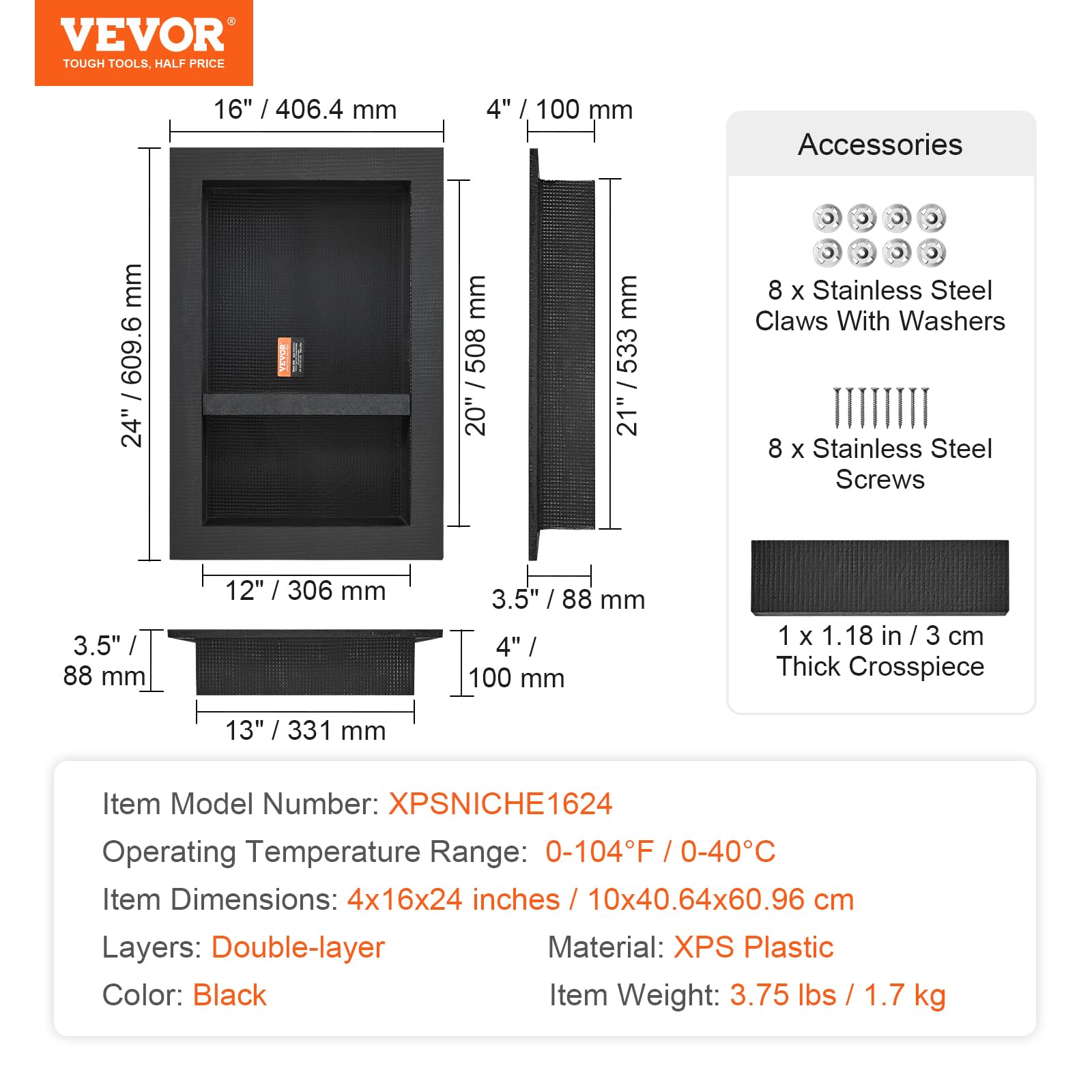 Foto 8 pulgar | Hornacina Para Ducha Vevor Ready For Tile, 40 X 60 Cm, Doble Estante Negro - Venta Internacional.