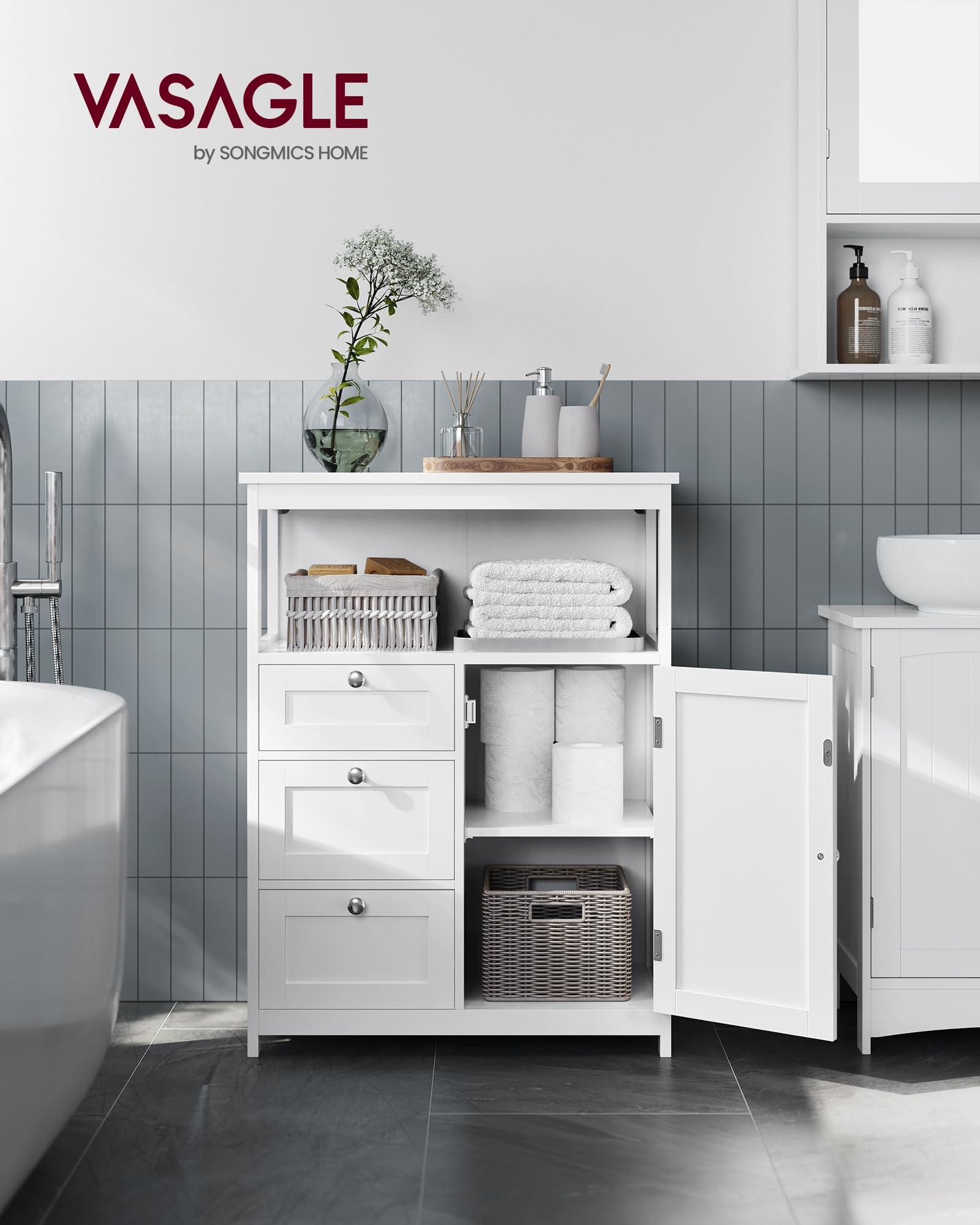 Foto 3 pulgar | Armario De Suelo Para Baño Vasagle Con 3 Cajones, Color Blanco - Venta Internacional.