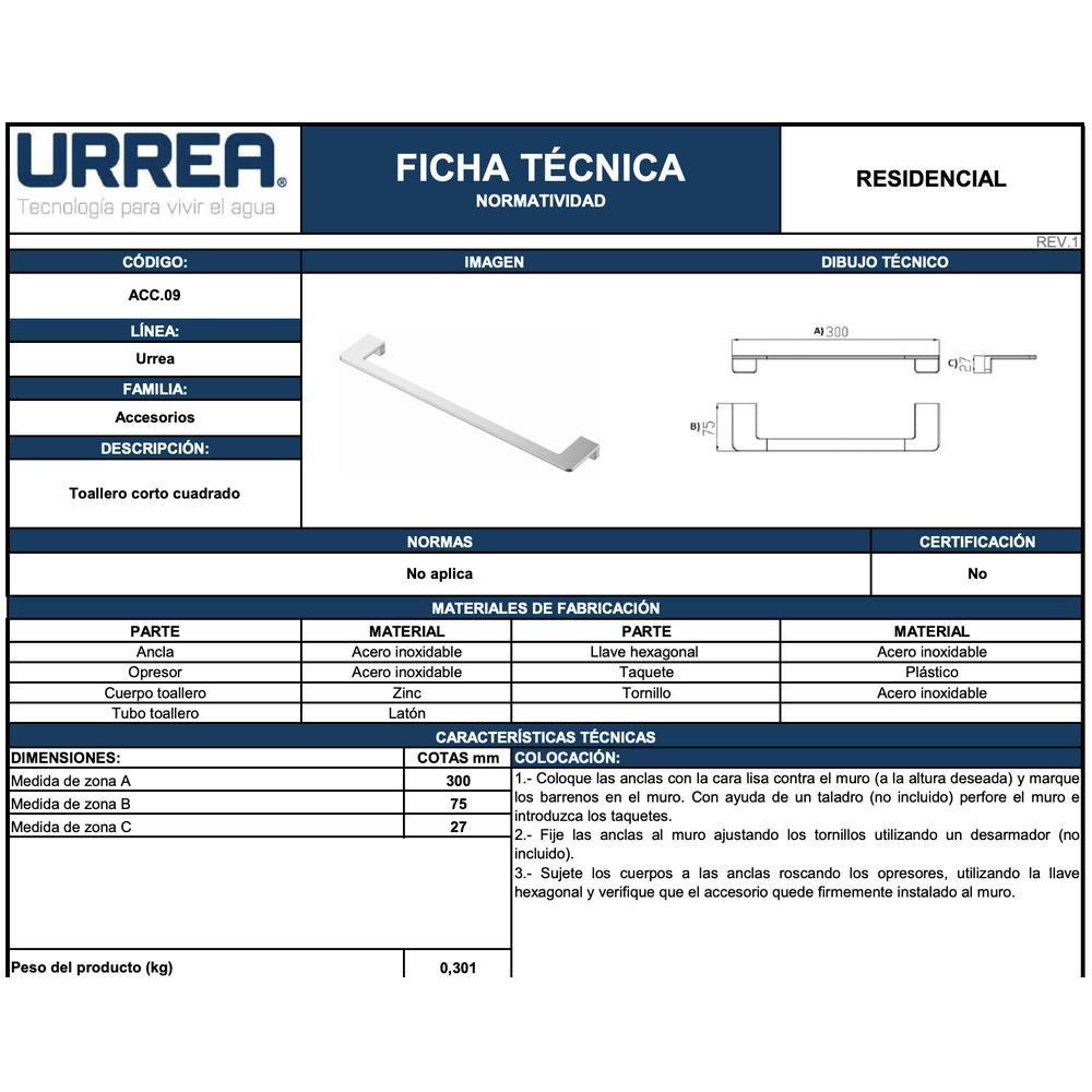 Foto 3 pulgar | Urrea Toallero Corto Cuadrado Acc.09
