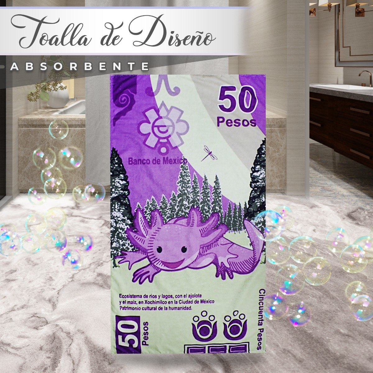 Foto 2 | Toalla De Baño Ajolote Billete Microfibra Poliester Diseño Ajolotoalla