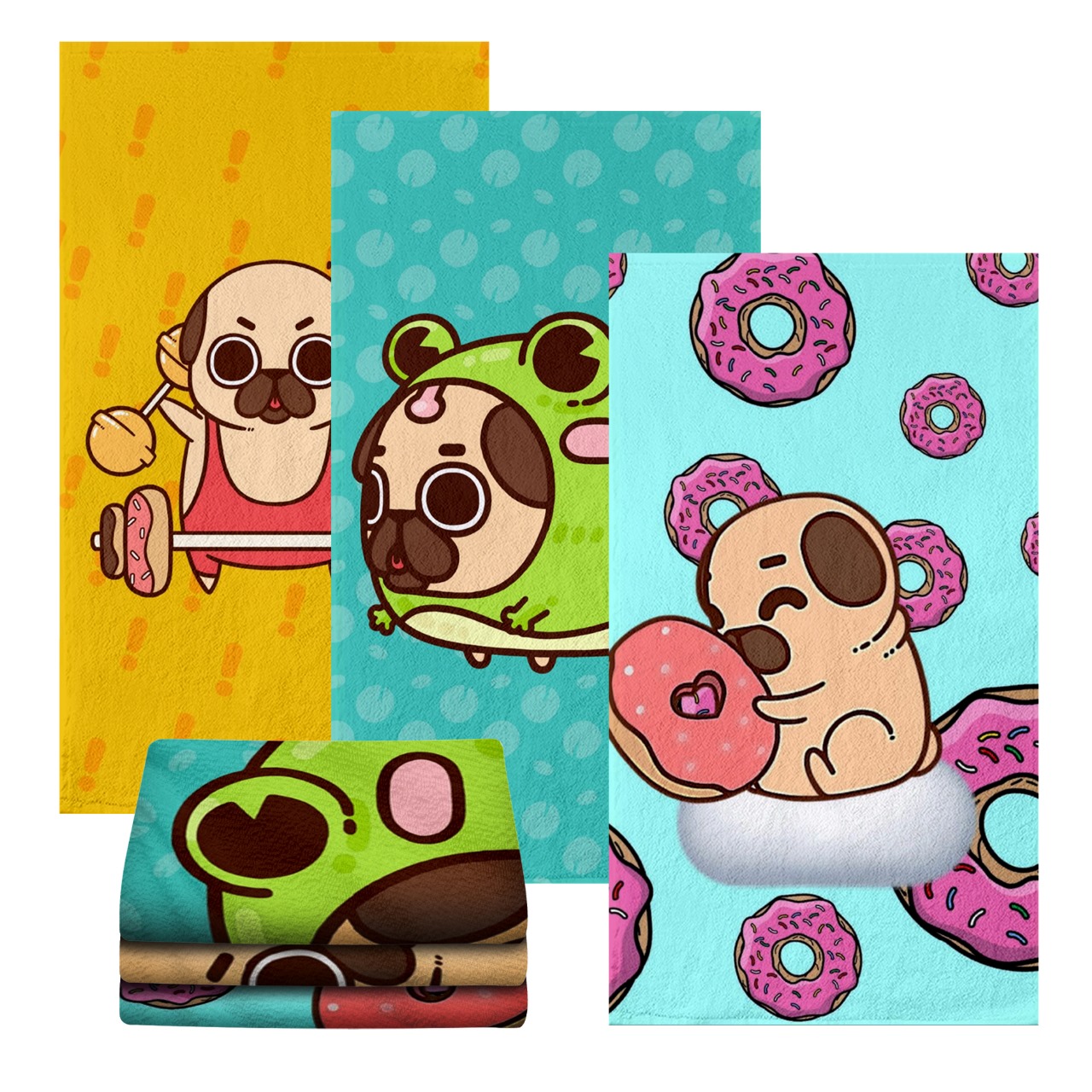 Set 3 Toallas de Baño Diseño Perro Pug Cute Microfibra Absorbente