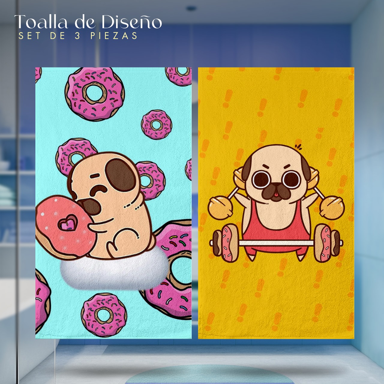 Foto 2 | Set 3 Toallas de Baño Diseño Perro Pug Cute Microfibra Absorbente