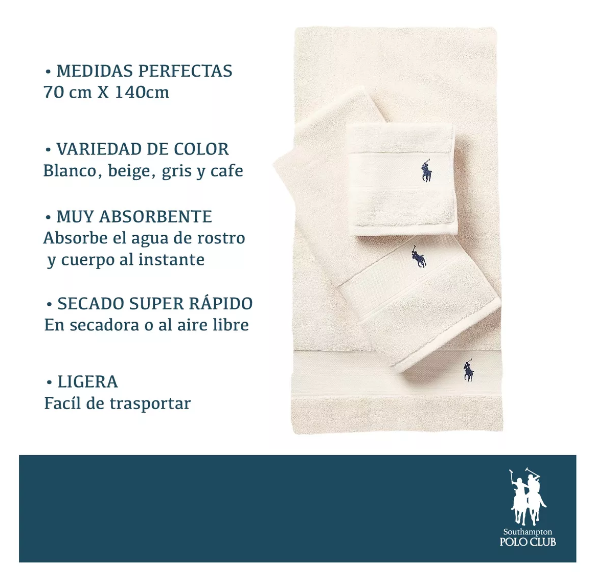 Foto 5 | Toalla de Baño Polo Club Beige 100% Algodón Absorbente y Suave