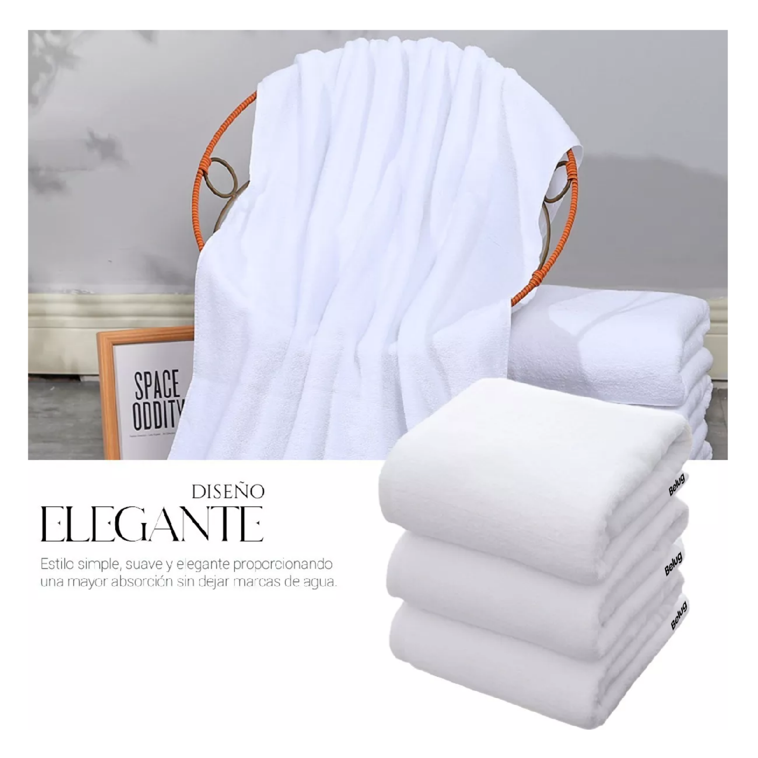 Foto 3 | Toalla De Baño Grande Completo 100% Algodón Suave Belug Color Blanco Liso Blanco