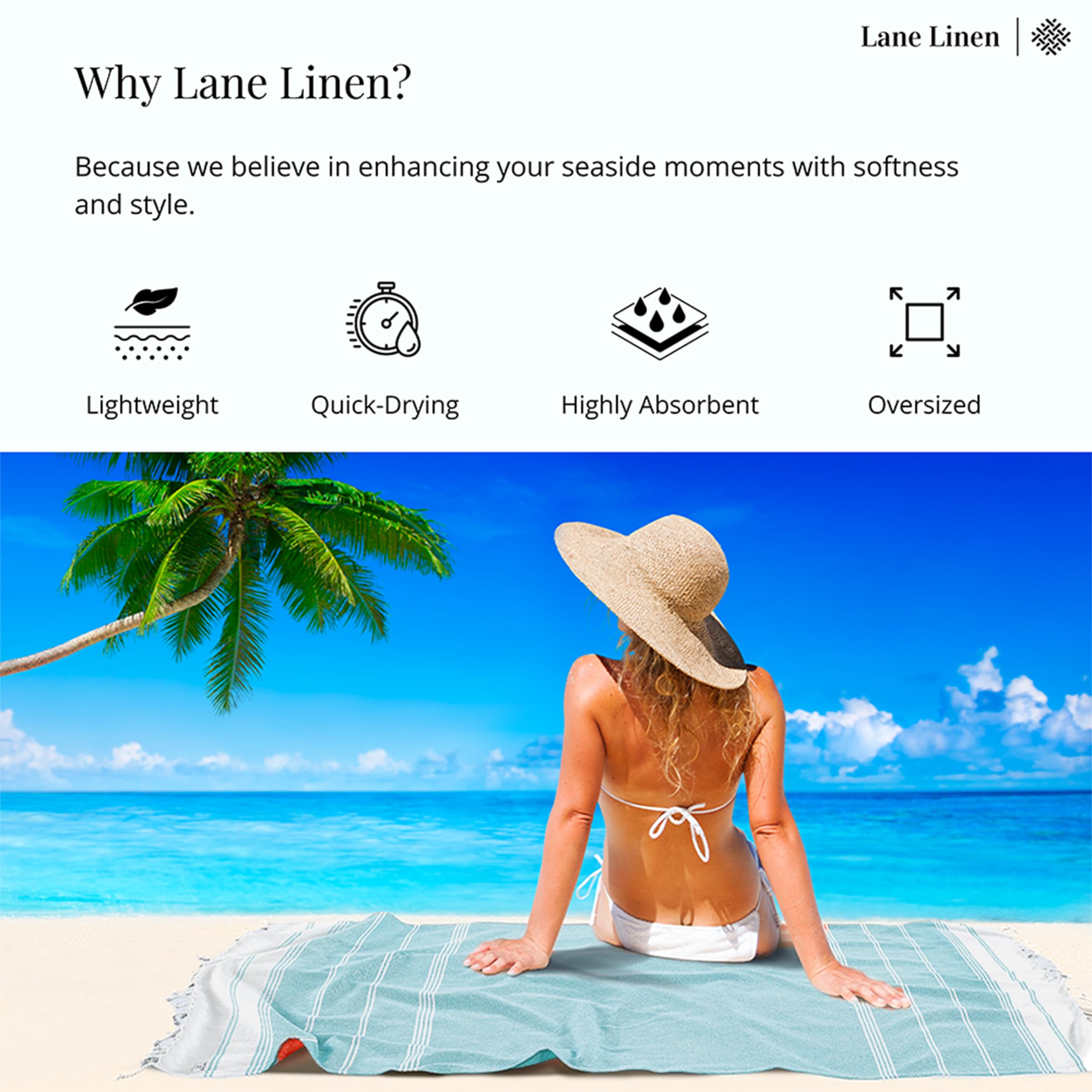 Foto 4 | Toalla De Playa Lane Linen De Gran Tamaño, Prelavada Y De Secado Rápido, Color Verde - Venta Internacional.