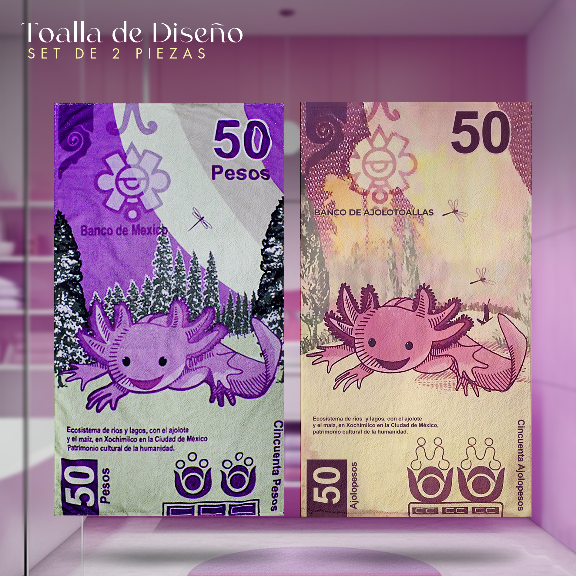 Foto 4 pulgar | Set 2 Toallas de Baño NubiSuave Billete Mexicano Ajolote