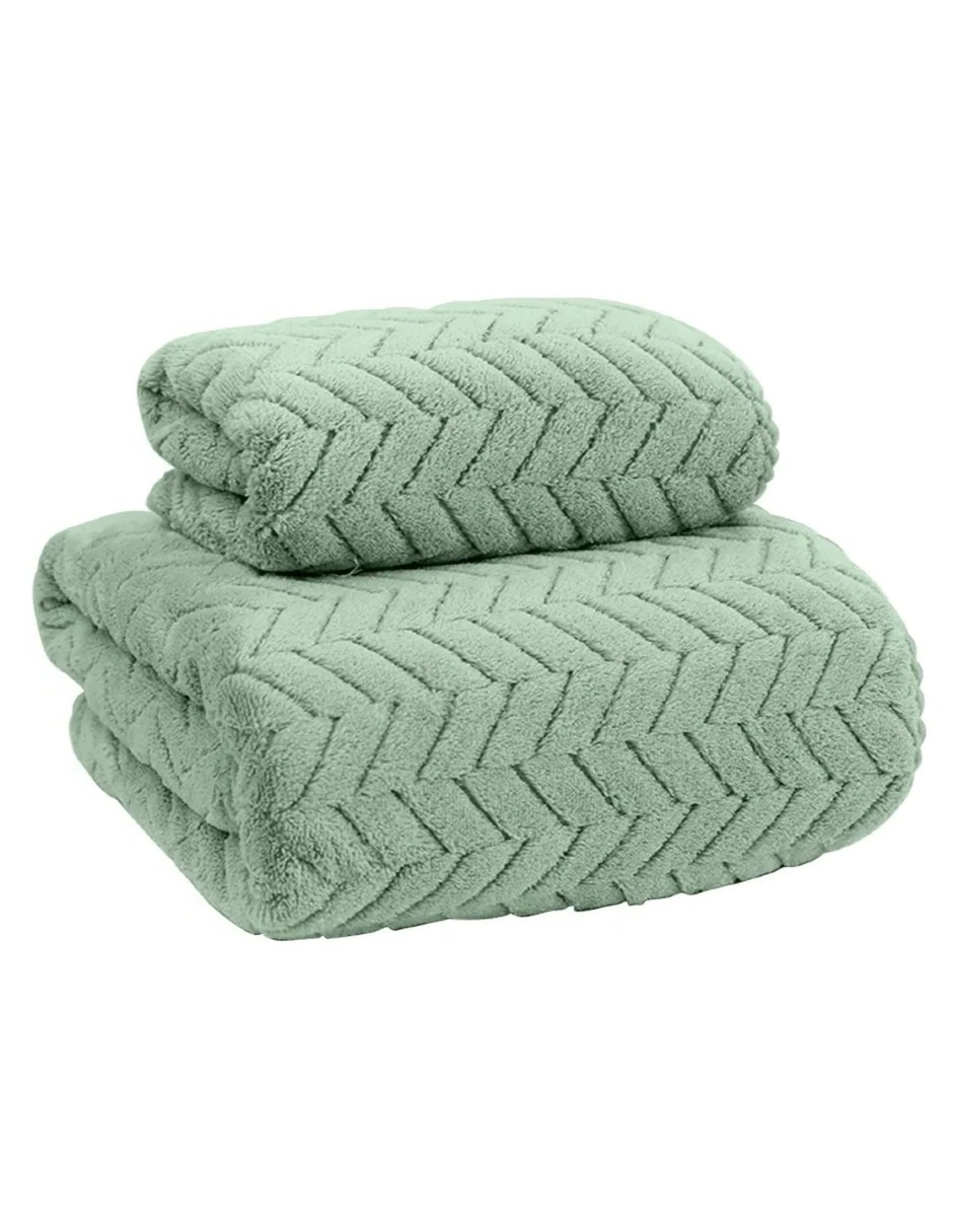 Foto 2 | 2pcs Tuallas Y Toalla Baño Completo Grande Lana Coral Suave Verde + Termo Gratis Güish