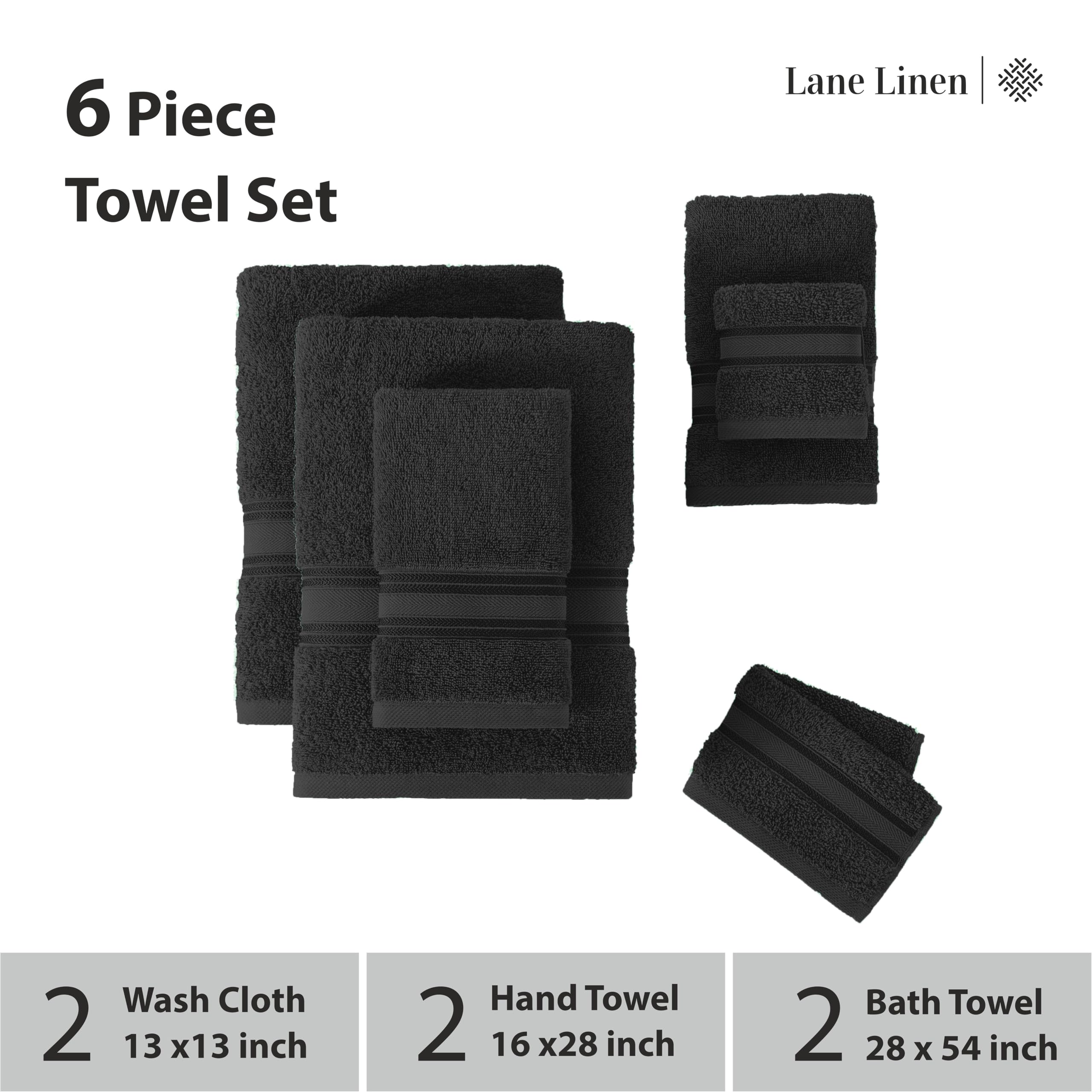 Foto 3 | Juego De Toallas De Baño Lane Linen Luxury, 6 Piezas, 100% Algodón, Color Negro - Venta Internacional.