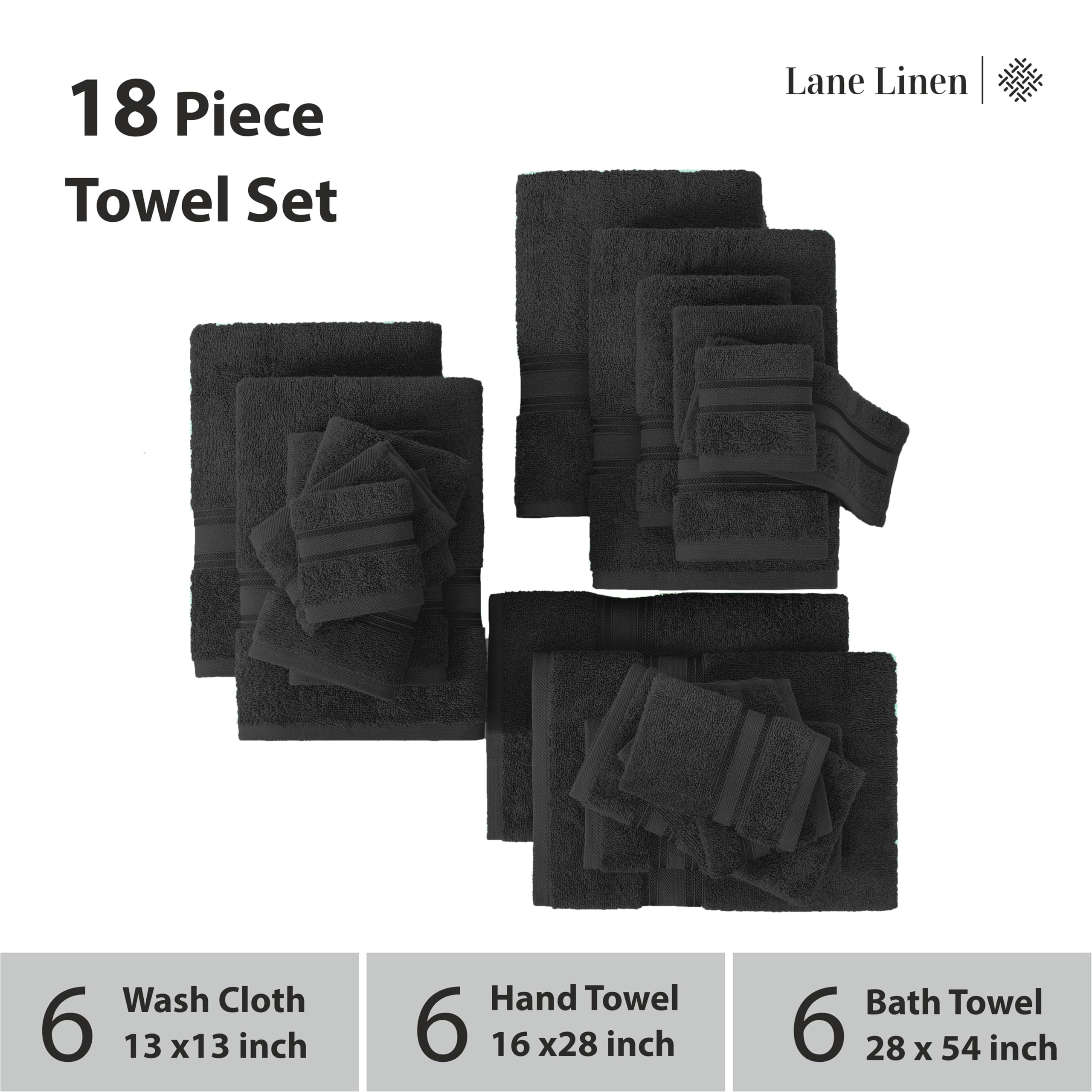 Foto 3 | Juego De Toallas De Baño Lane Linen Luxury, 100% Algodón, 18 Unidades, Color Negro - Venta Internacional.