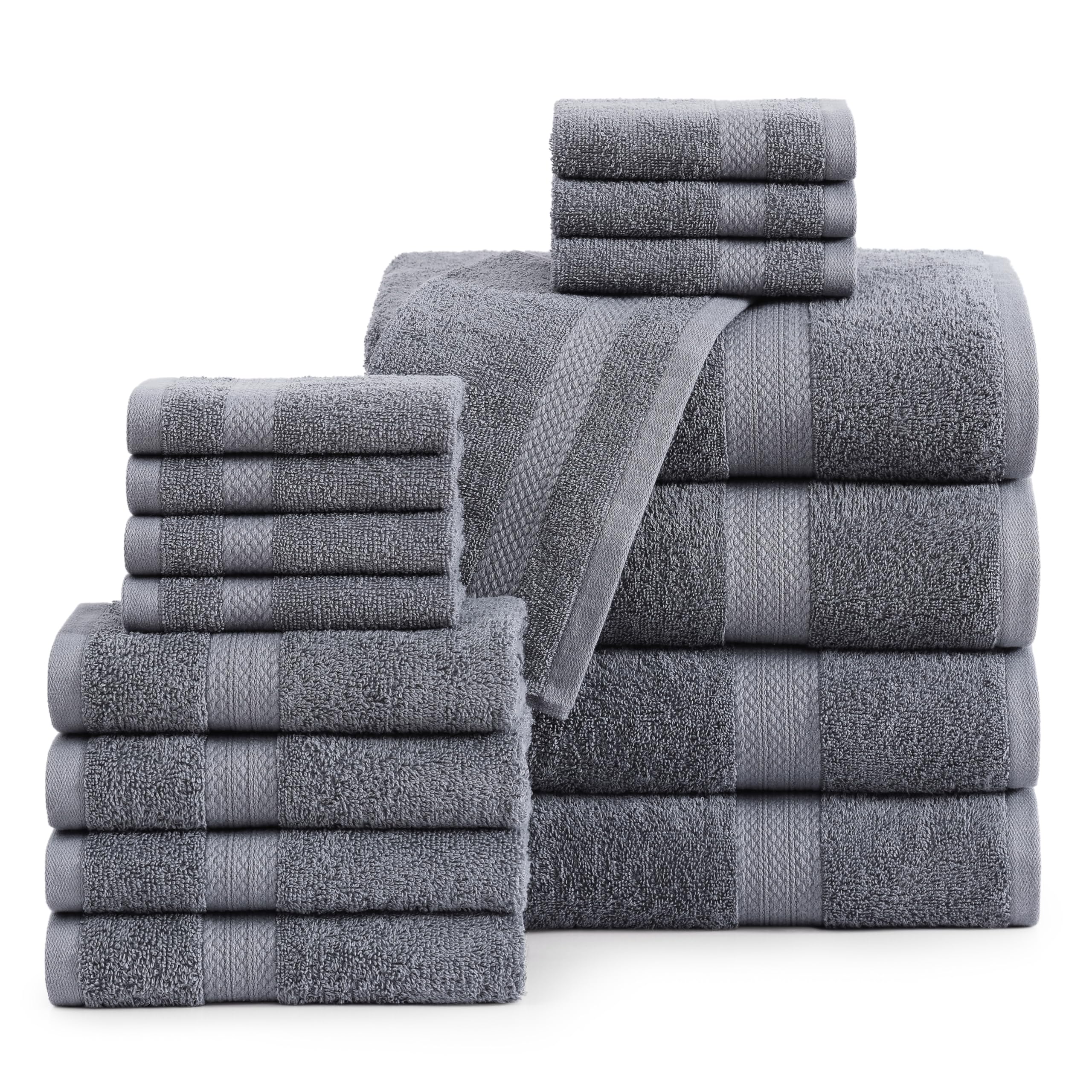 Juego De Toallas De Baño Lane Linen, 16 Unidades, 100% Algodón, 600 G/m², Gris Frío - Venta Internacional.