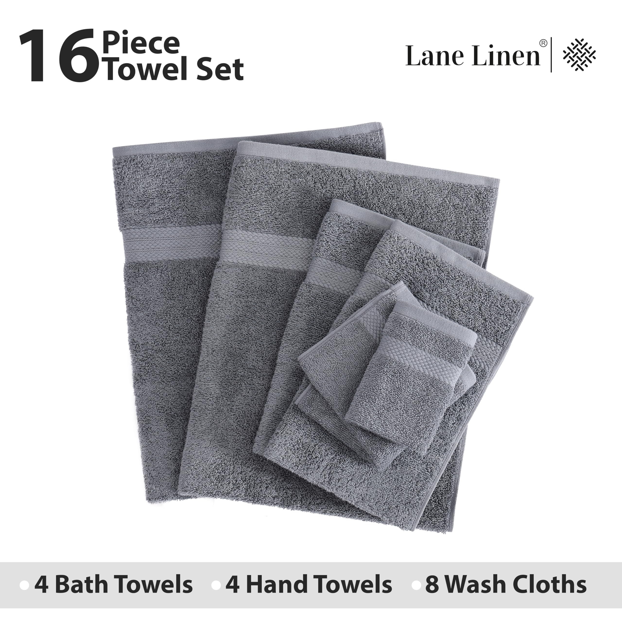 Foto 4 | Juego De Toallas De Baño Lane Linen, 16 Unidades, 100% Algodón, 600 G/m², Gris Frío - Venta Internacional.