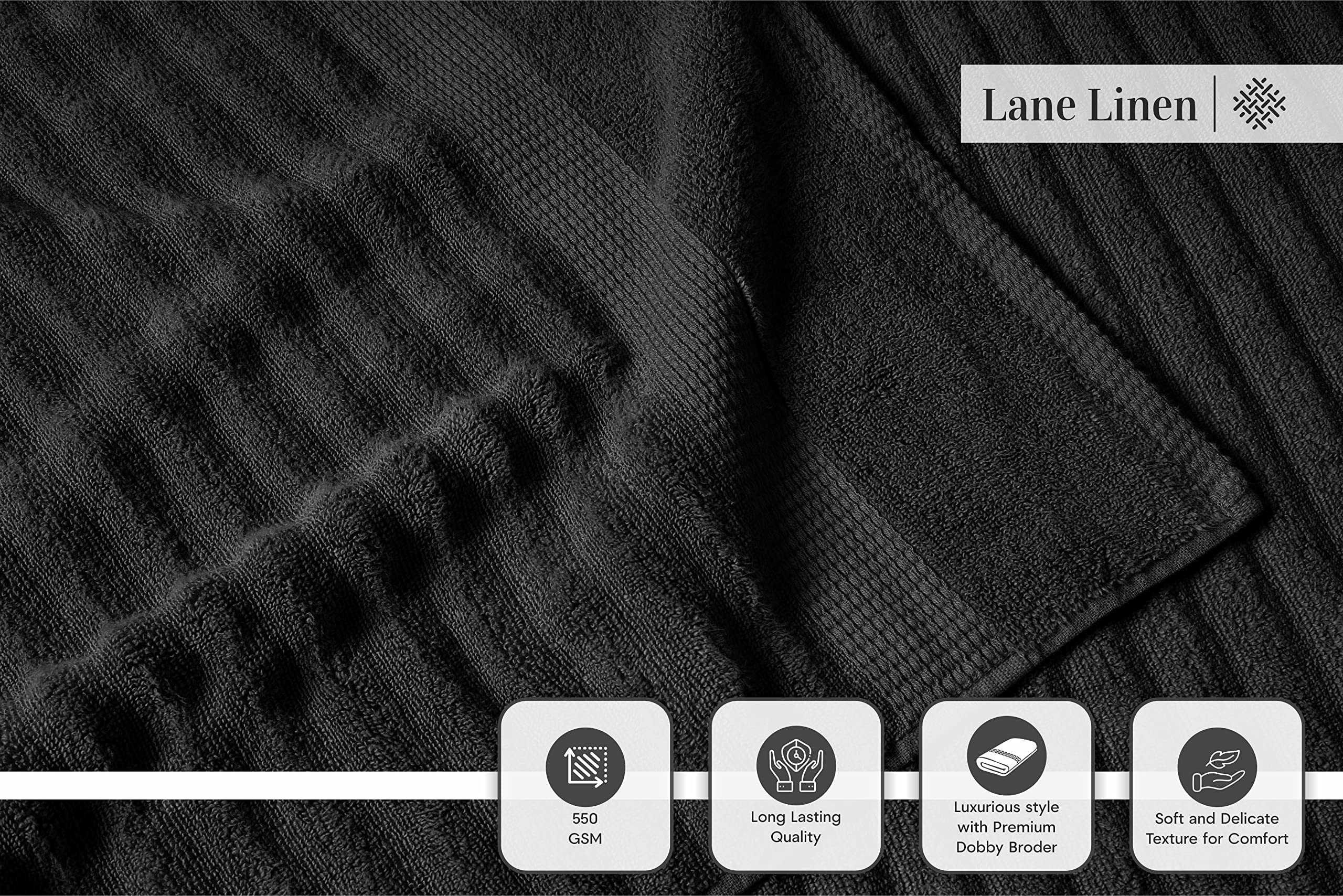 Foto 4 | Juego De Toallas Lane Linen Luxury Acanalado 100% Algodón, 6 Piezas, Negro - Venta Internacional.