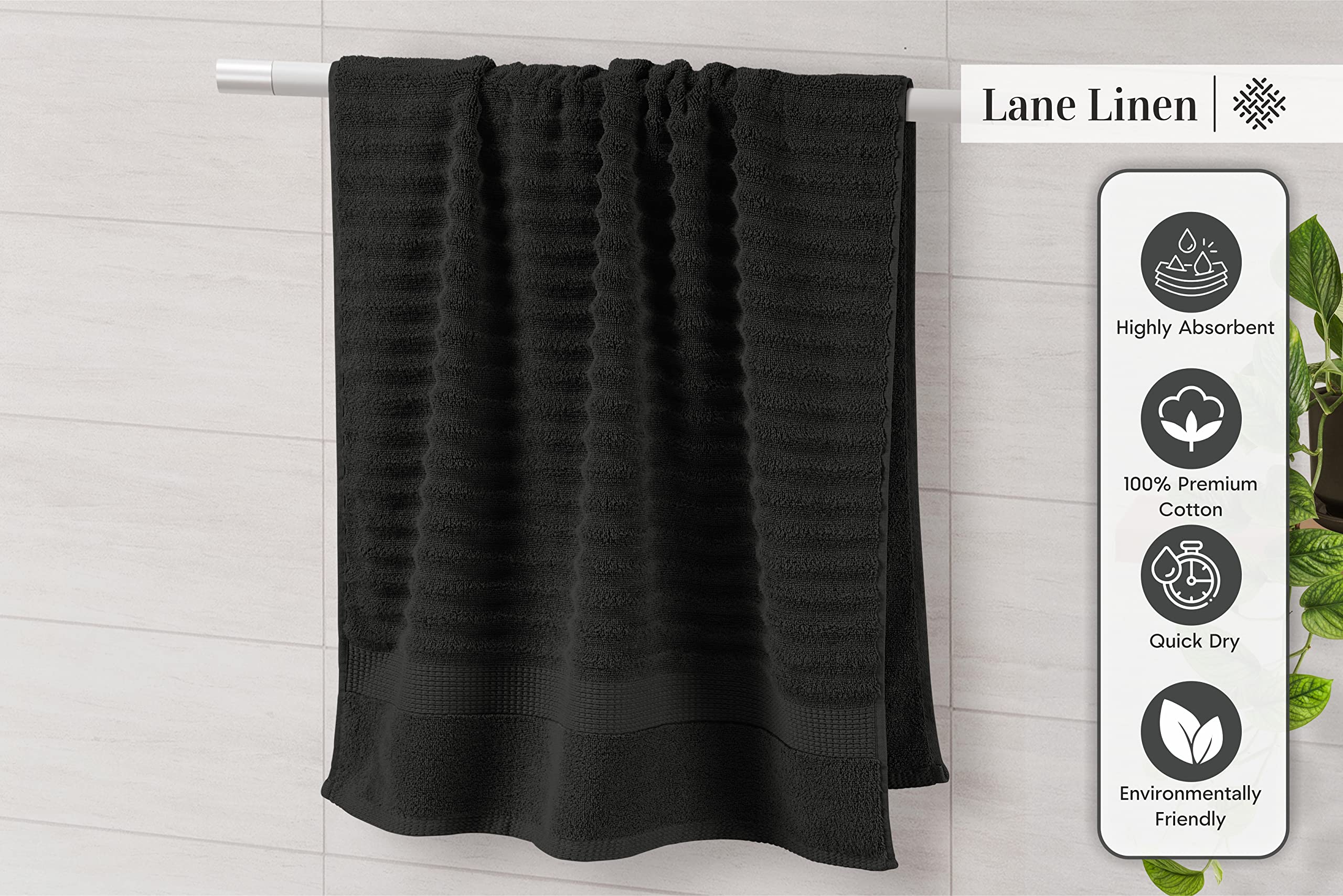 Foto 5 | Juego De Toallas Lane Linen Luxury Acanalado 100% Algodón, 6 Piezas, Negro - Venta Internacional.