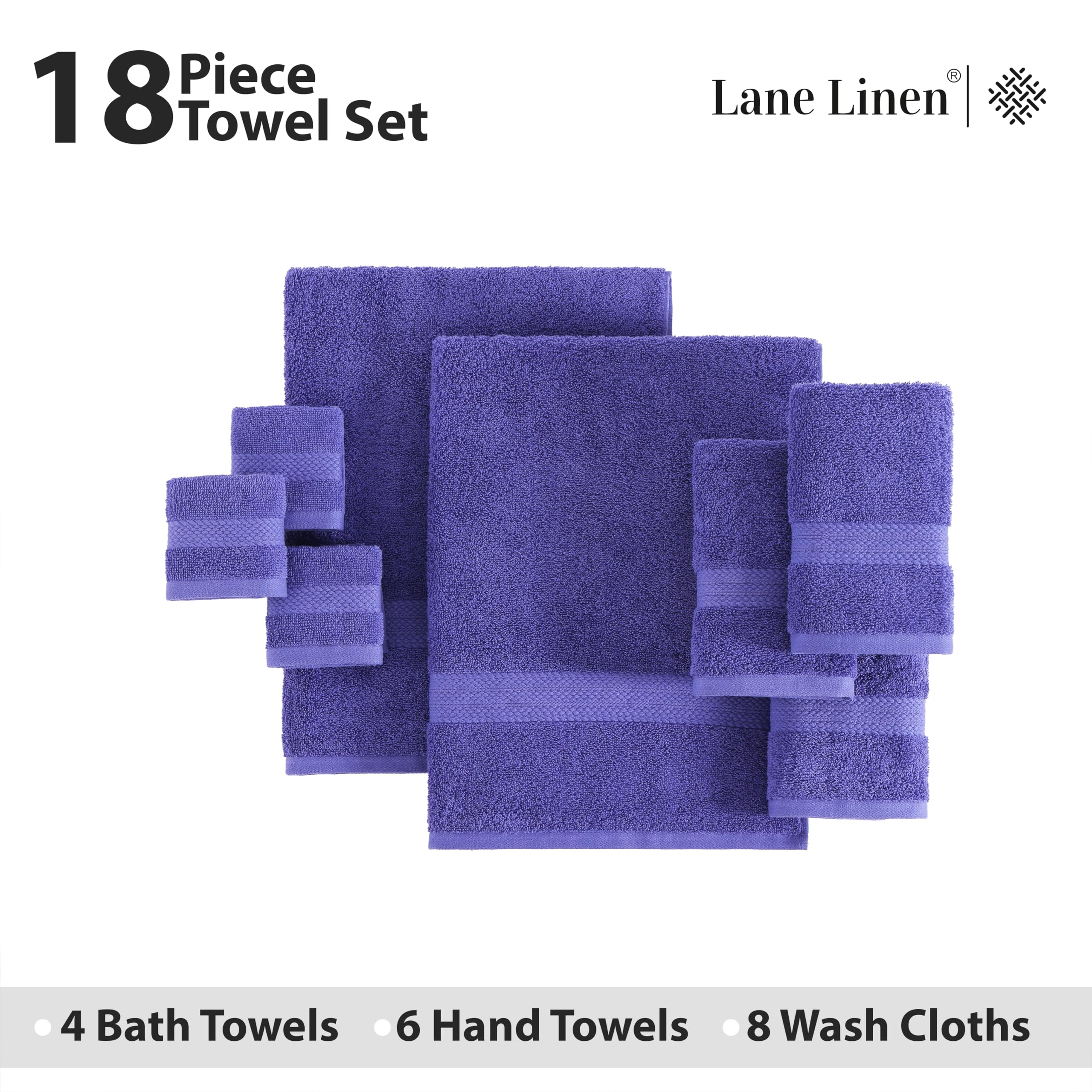 Foto 4 | Juego De Toallas De Baño Lane Linen Cotton, 18 Piezas, 100% Algodón, Azul Irlandés - Venta Internacional.