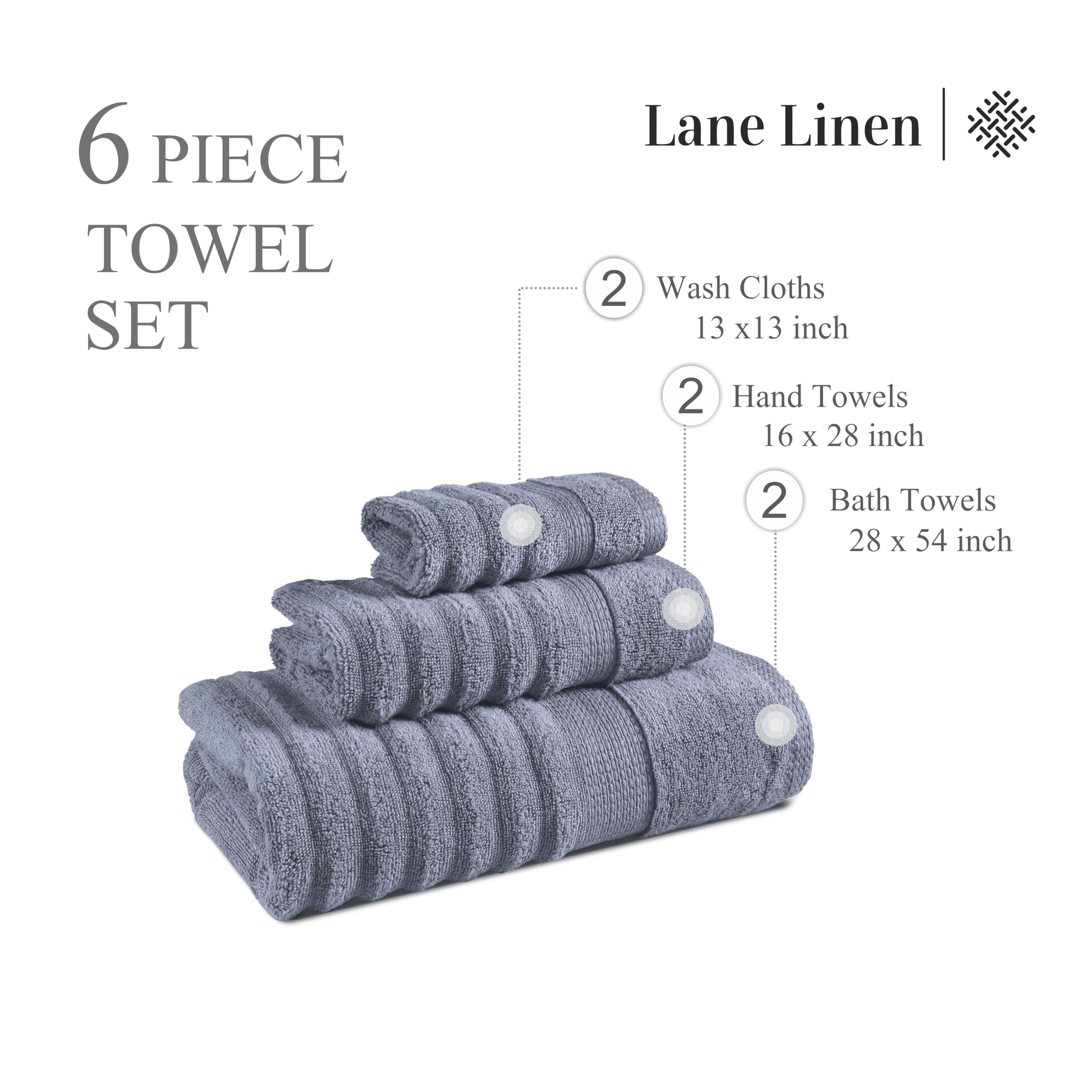 Foto 4 pulgar | Juego De Toallas Lane Linen De Lujo Acanalado Para Baño, 100% Algodón, 6 Piezas - Venta Internacional.