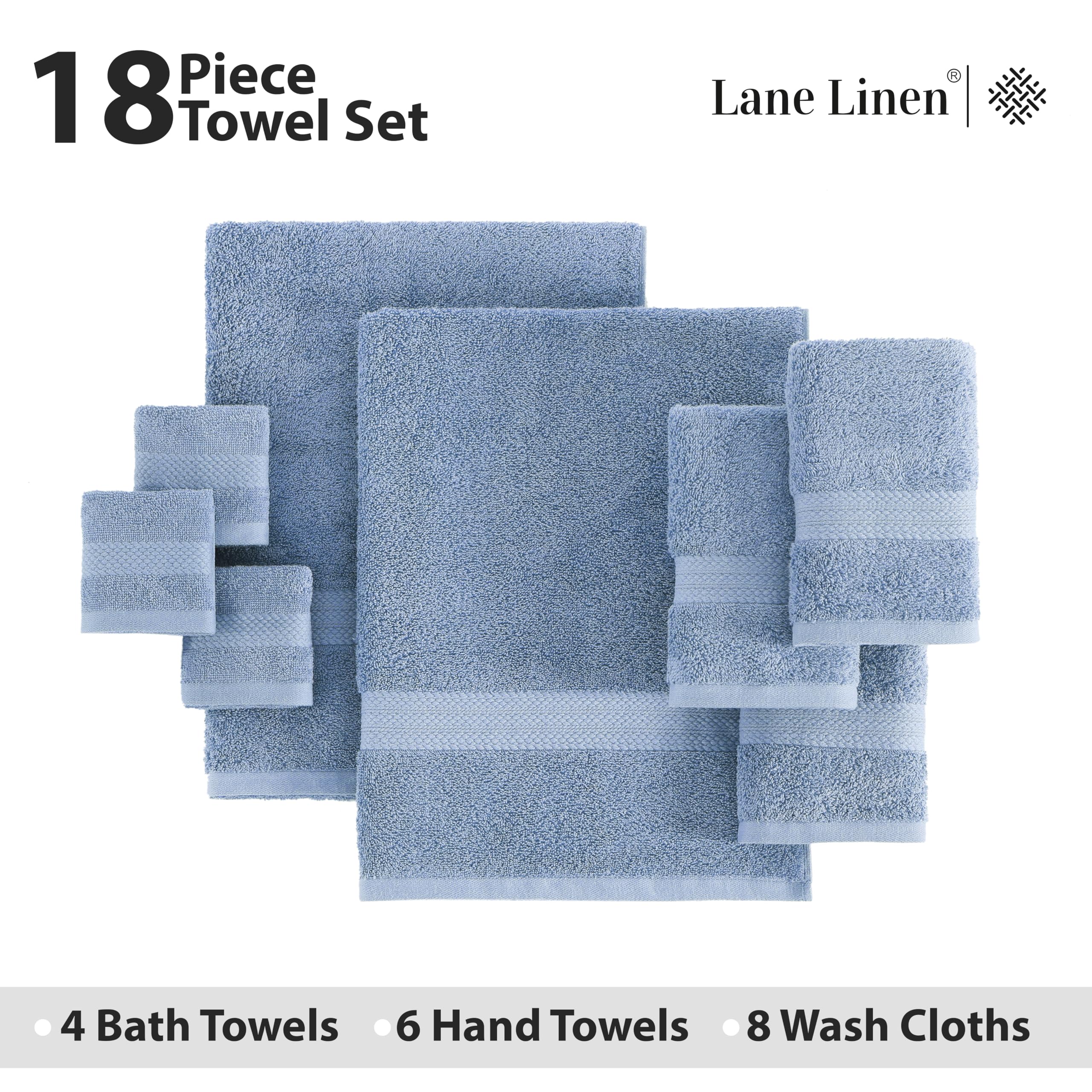 Foto 4 | Juego De Toallas De Baño Lane Linen, 18 Unidades, 100% Algodón, 550 G/m², Azul Cerúleo - Venta Internacional.