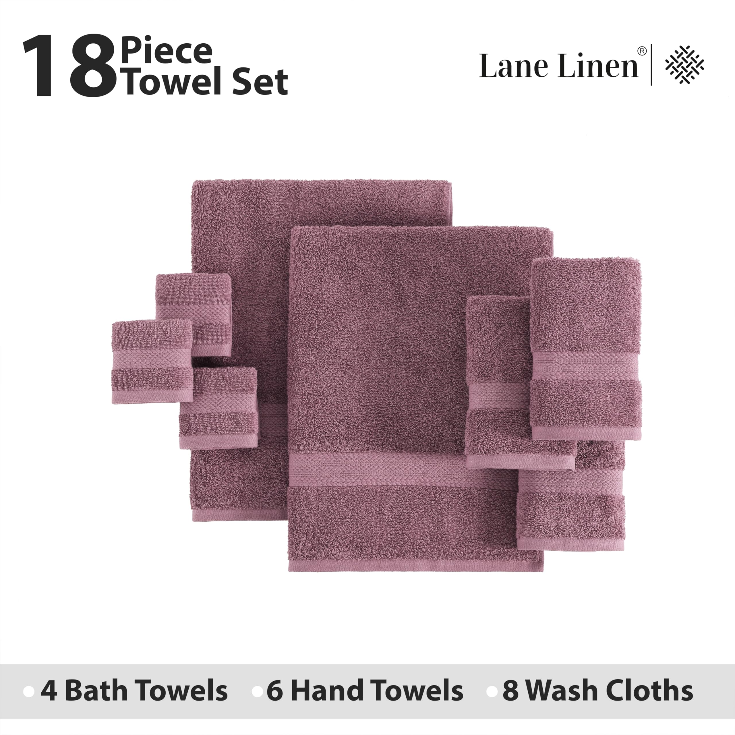 Foto 4 | Juego De Toallas De Baño Lane Linen, 100% Algodón, 18 Unidades Wishful Mauve - Venta Internacional.