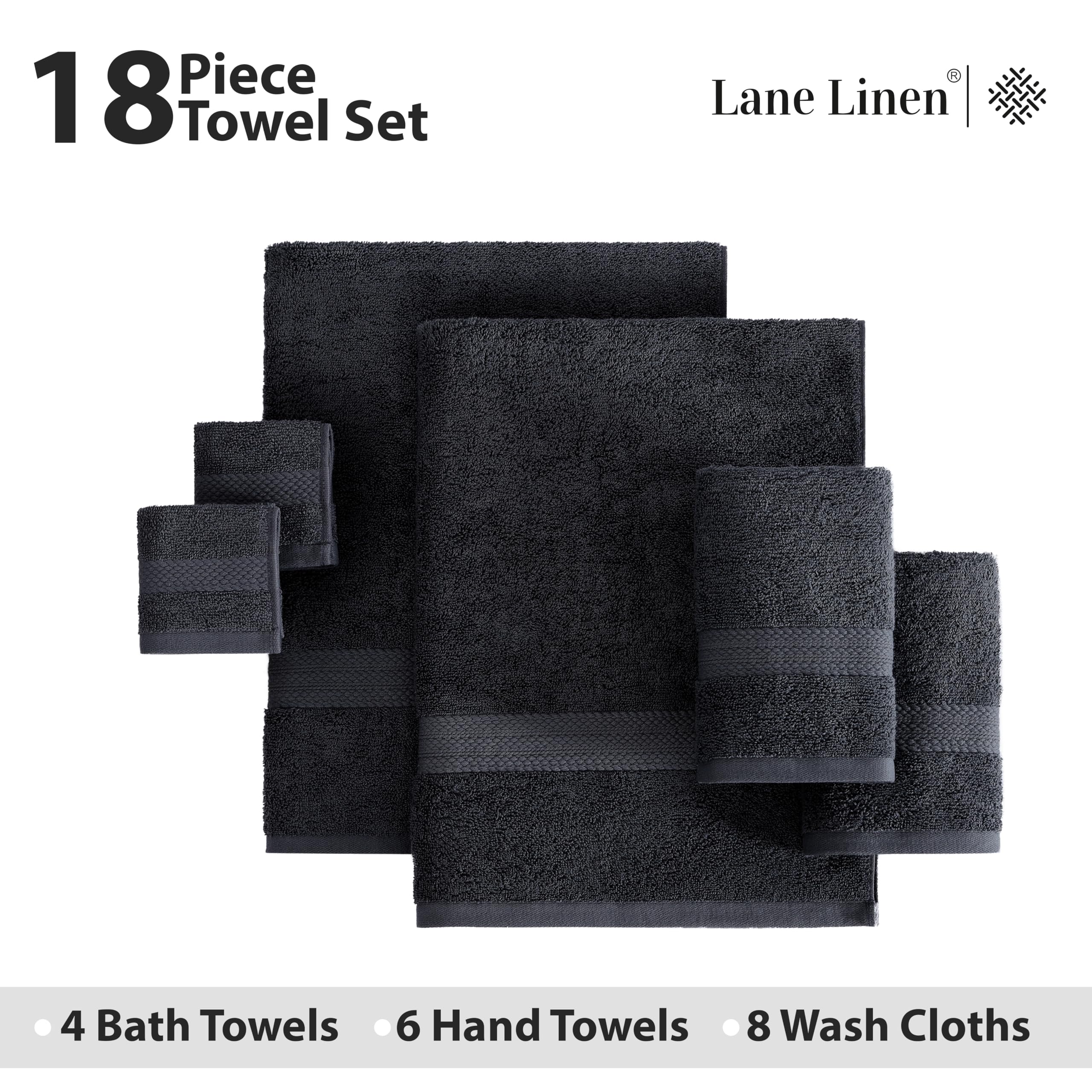 Foto 5 pulgar | Juego De Toallas De Baño Lane Linen, 18 Unidades, 100% Algodón, 550 G/m², Color Negro - Venta Internacional.