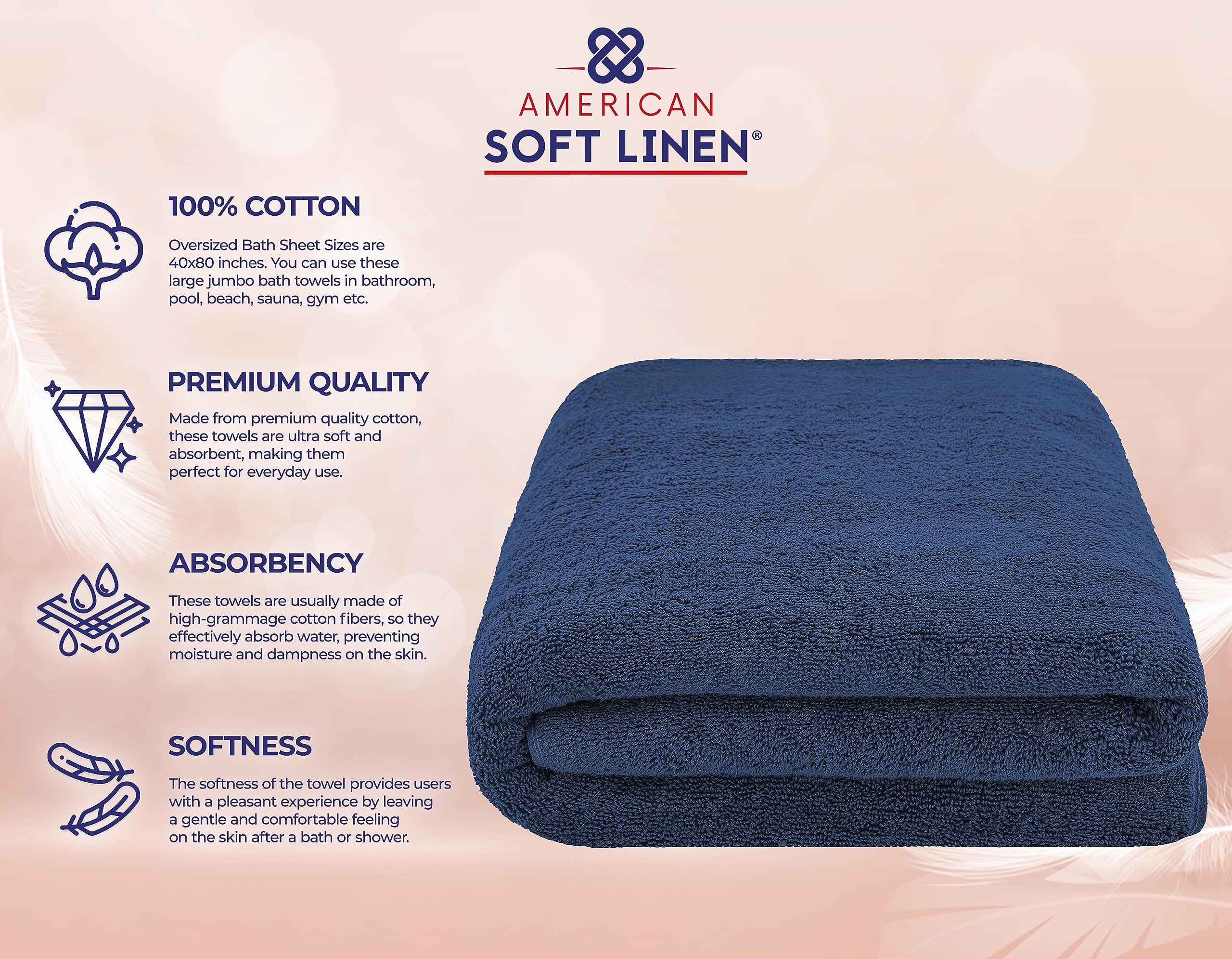 Foto 4 | Toalla De Baño American Soft Linen De Gran Tamaño, 100% Algodón, Azul Marino - Venta Internacional.