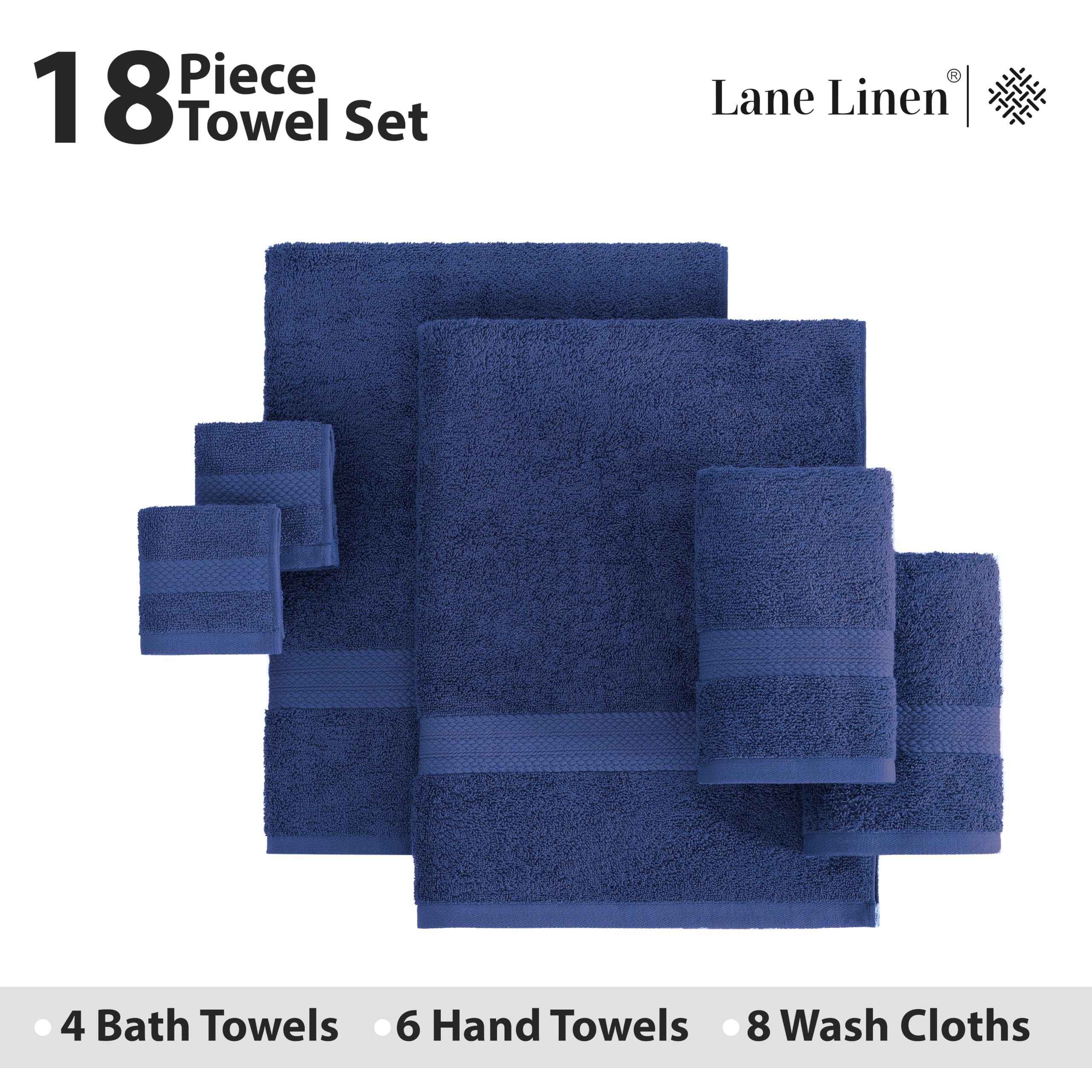 Foto 4 | Juego De Toallas De Baño Lane Linen, 18 Unidades, De Lujo, 100% Algodón, Azul Marino - Venta Internacional.