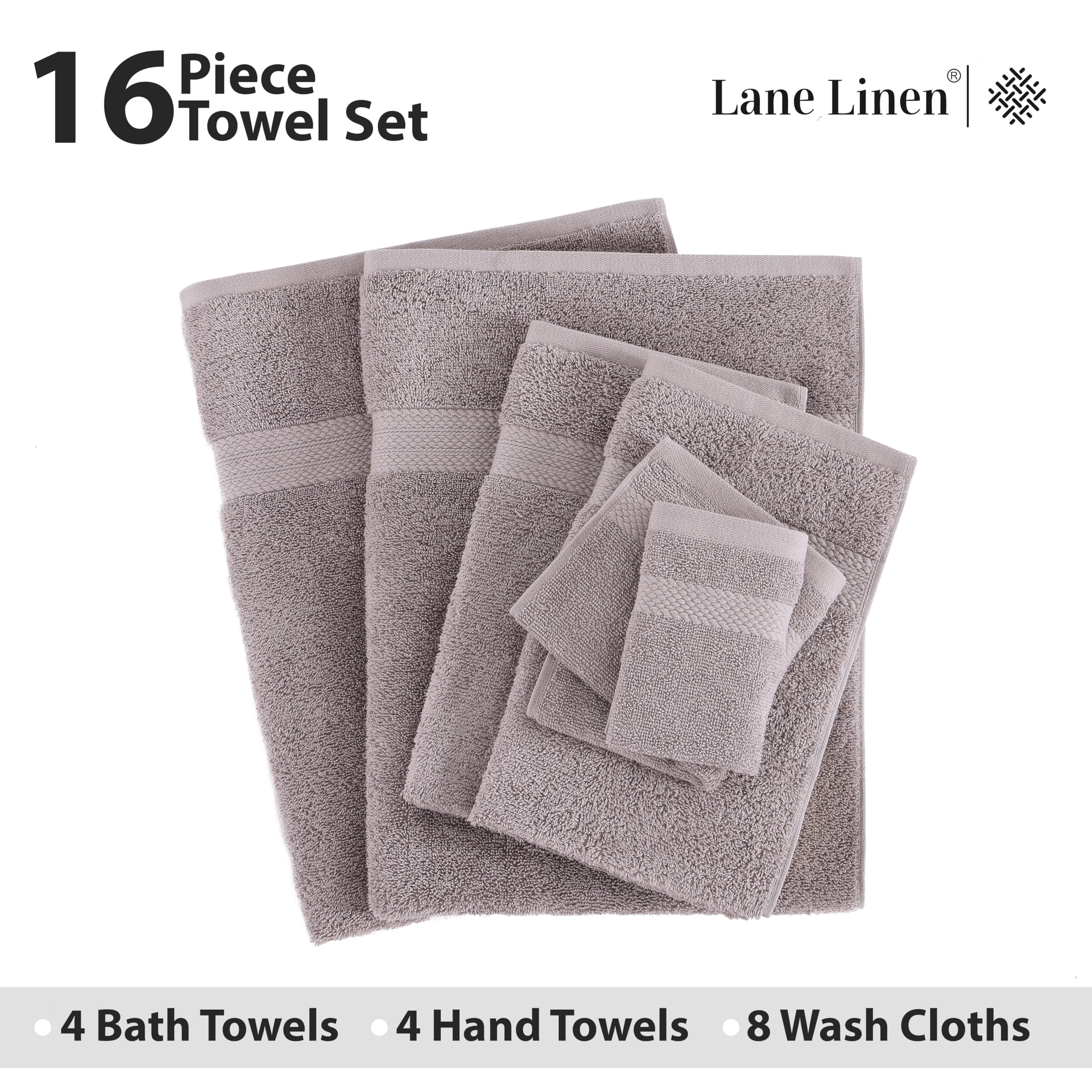 Foto 4 | Juego De Toallas De Baño Lane Linen, 16 Unidades, 100% Algodón, 600 G/m², Platino - Venta Internacional.