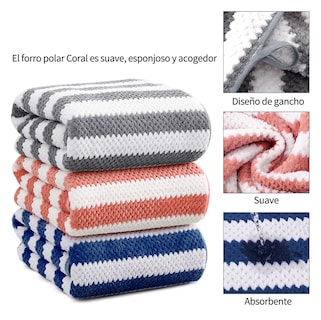 Foto 3 | Toallas de Baño Grande de Lana Rayadas 3 piezas Gris Coral y Azul