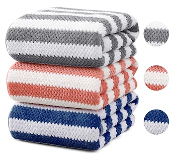 Foto 5 | Toallas de Baño Grande de Lana Rayadas 3 piezas Gris Coral y Azul