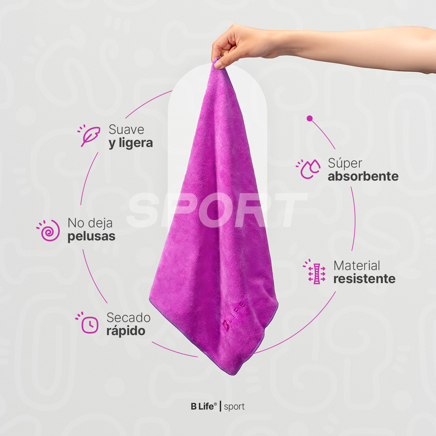 Foto 3 | Kit 5 Toallas Deportivas  B Life de Microfibra Morado y Rosa Absorbentes Secado Rápido