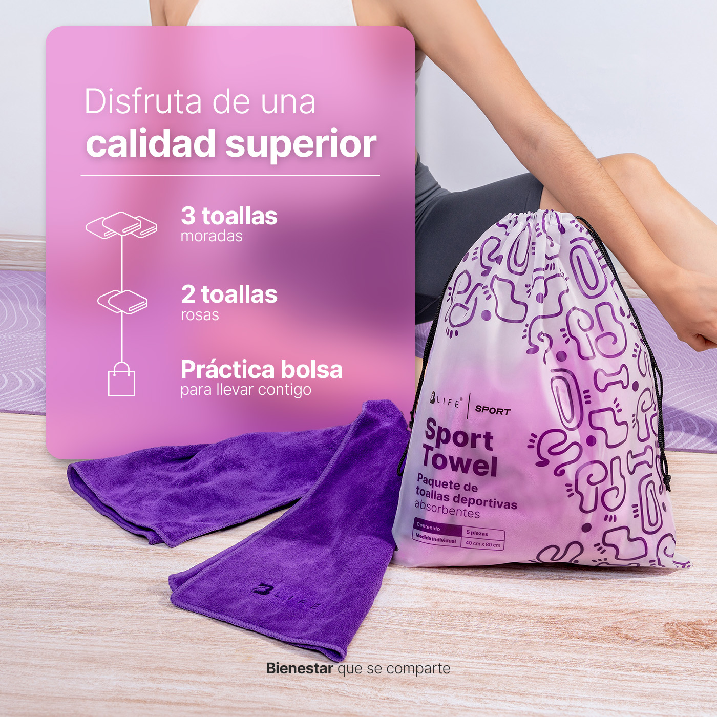 Foto 4 | Kit 5 Toallas Deportivas  B Life de Microfibra Morado y Rosa Absorbentes Secado Rápido