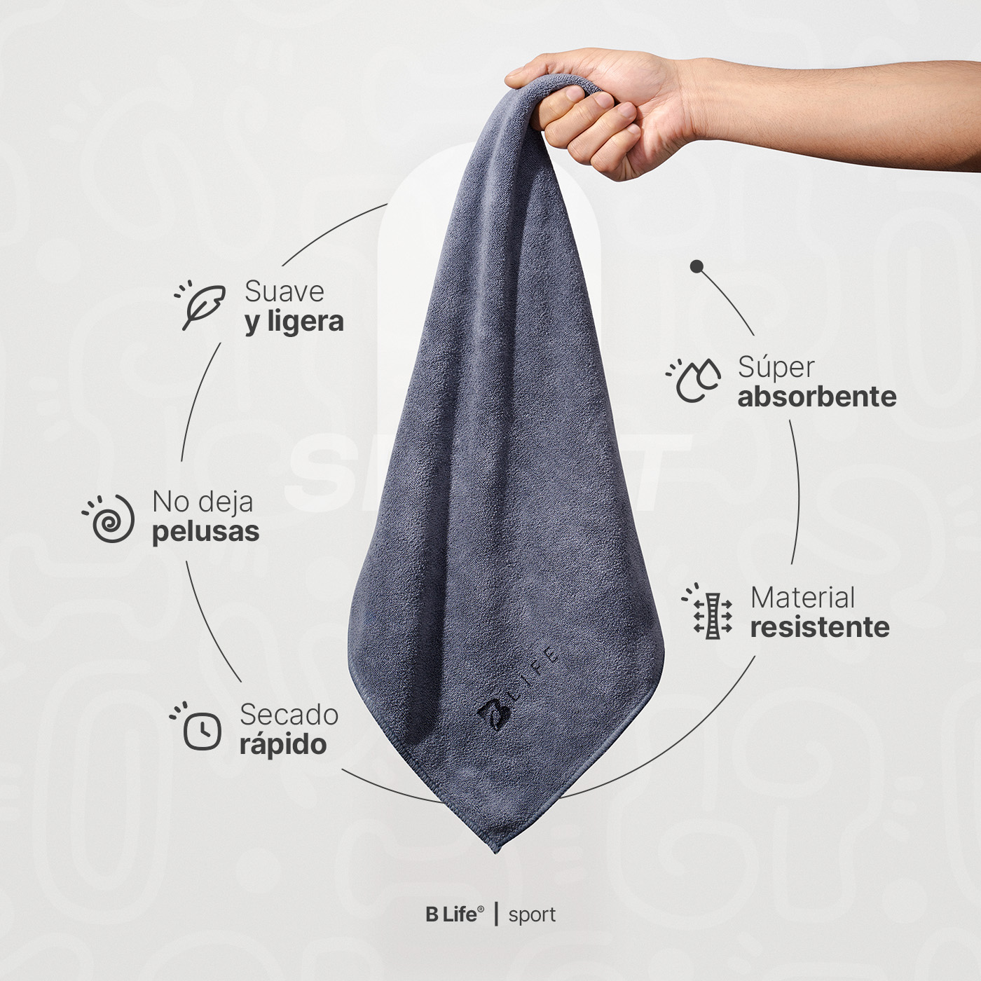 Foto 3 | Kit 5 Toallas Deportivas B Life de Microfibra Negro y Gris Absorbentes Secado Rápido