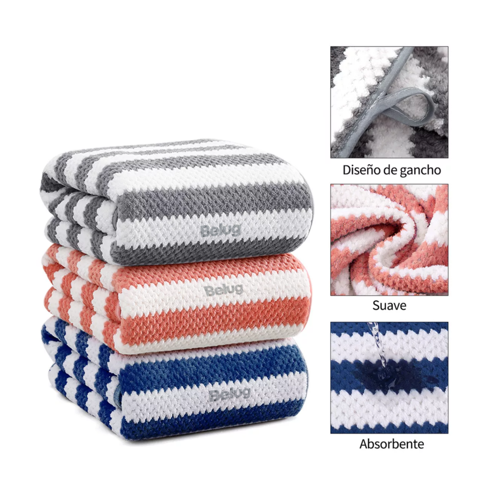 Foto 4 pulgar | Toallas De Baño Completo Grande Lana Rayadas 3 Piezas, Combination 1 Gris, Coral Azul Blanco Belug