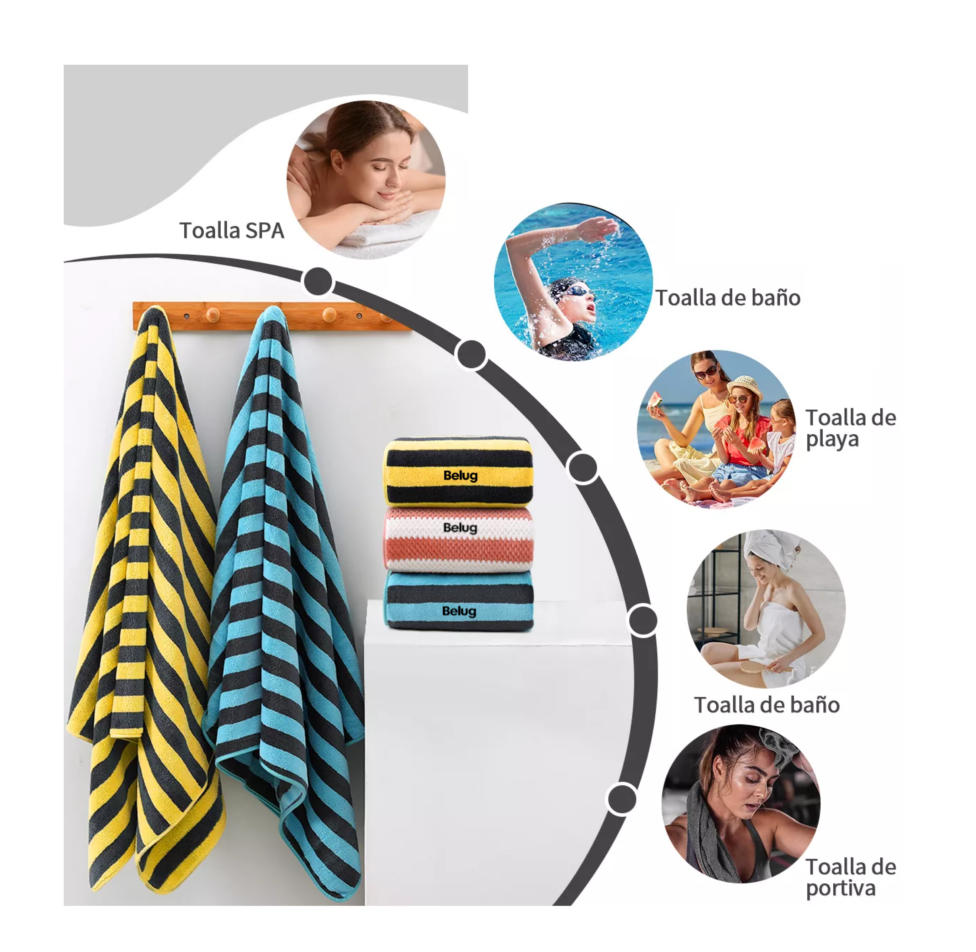 Foto 5 pulgar | Toallas De Baño Completo Grande Lana Rayadas 3 Piezas, Combination 2 Coral Amarillo Azul Negro Belug