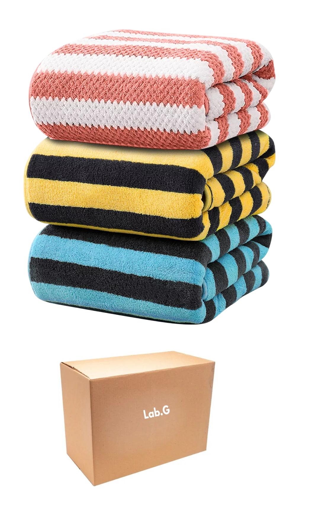 Toallas De Baño Completo Grande Lana Rayadas 3 Piezas, Combination 2 Coral Amarillo Azul Negro