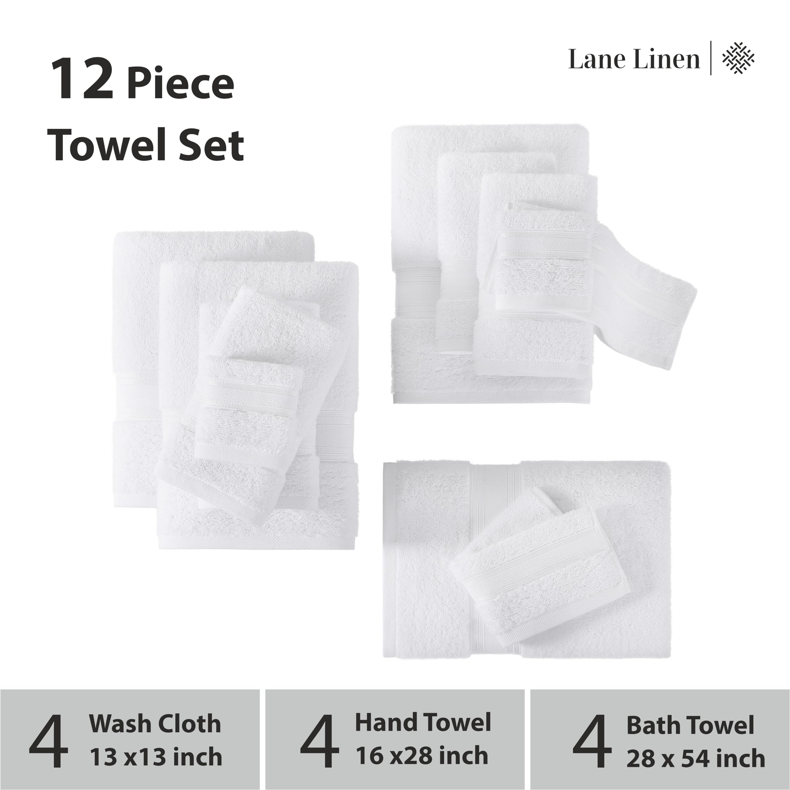 Foto 4 pulgar | Juego De Toallas De Baño Lane Linen Luxury, 12 Piezas, 100% Algodón, Color Blanco - Venta Internacional.
