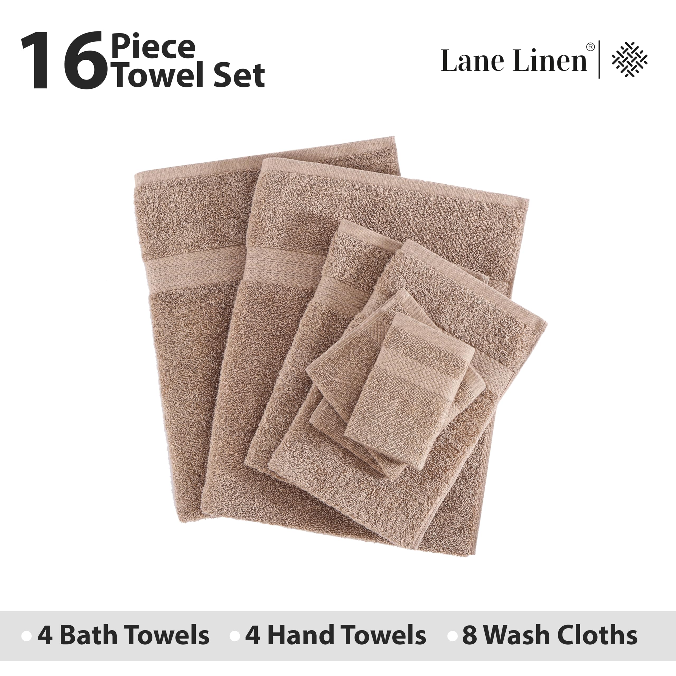 Foto 4 | Juego De Toallas De Baño Lane Linen  100% Algodón Mercerizado  16 Piezas - Venta Internacional.