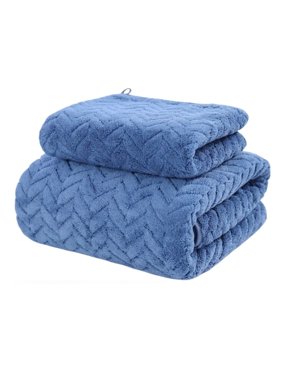 Foto 2 | 2pcs Tuallas Y Toalla Baño Completo Grande Lana Coral Suave Azul  + Termo Gratis Güish