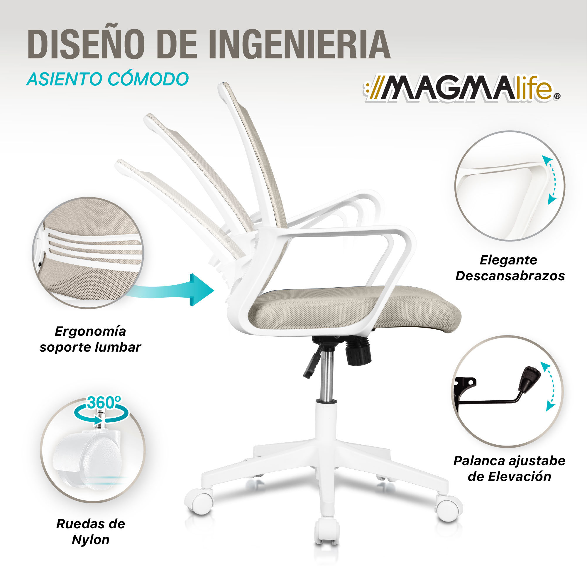 Foto 3 pulgar | Silla Oficina Ergonómica Giratoria De Escritorio Moderna Beige