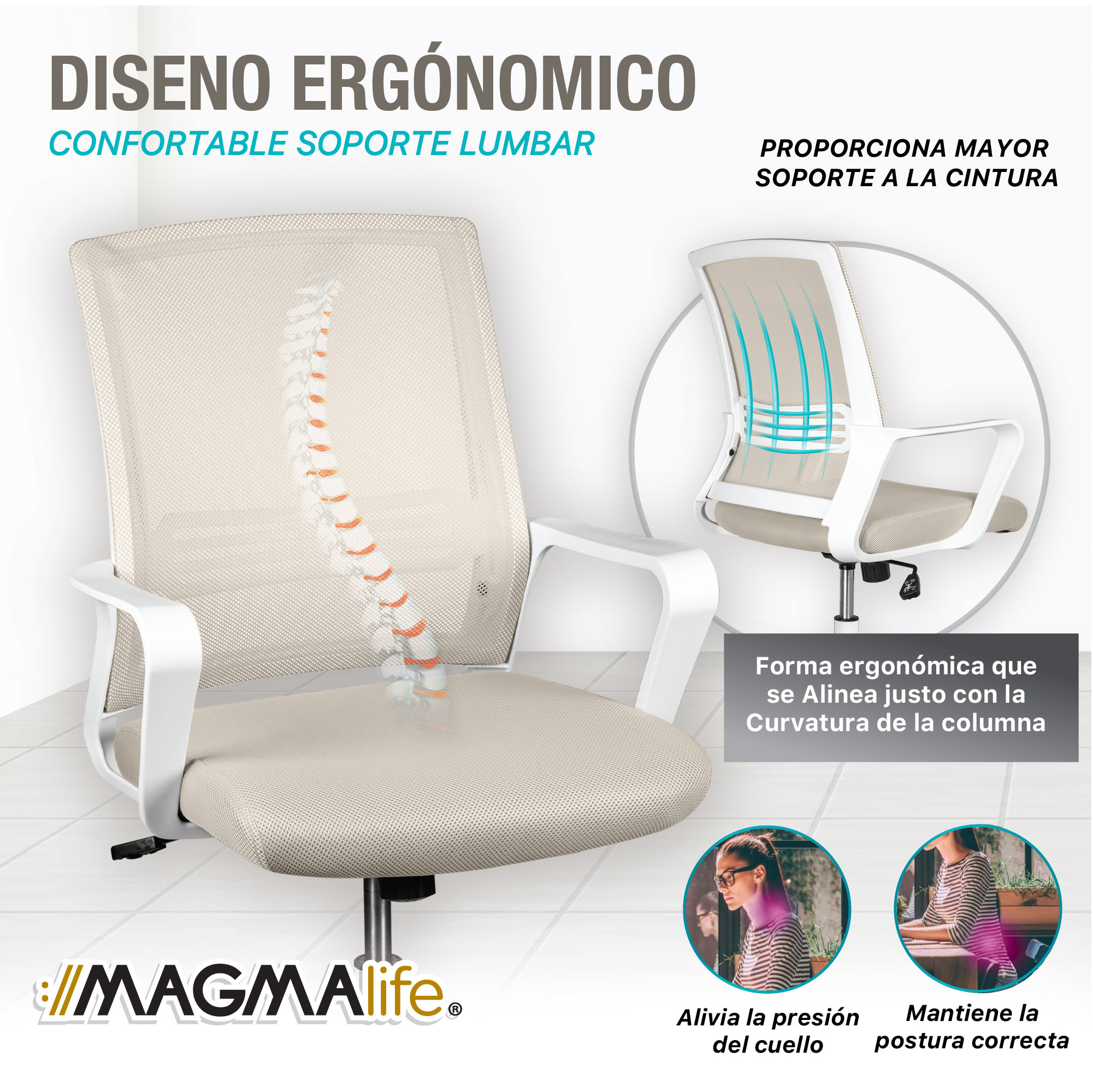 Foto 4 pulgar | Silla Oficina Ergonómica Giratoria De Escritorio Moderna Beige