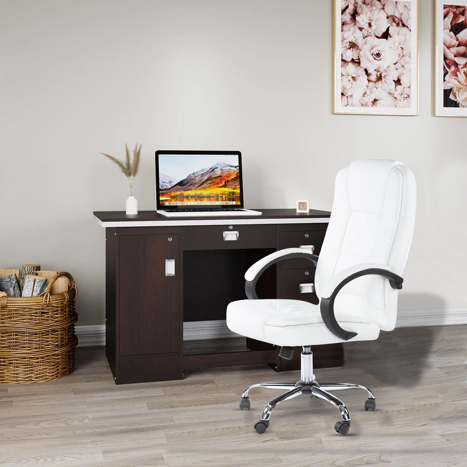 Silla de Escritorio Eke Life Home YX-2227 color Blanco Ergonómica con Tapizado de Cuero Sintético