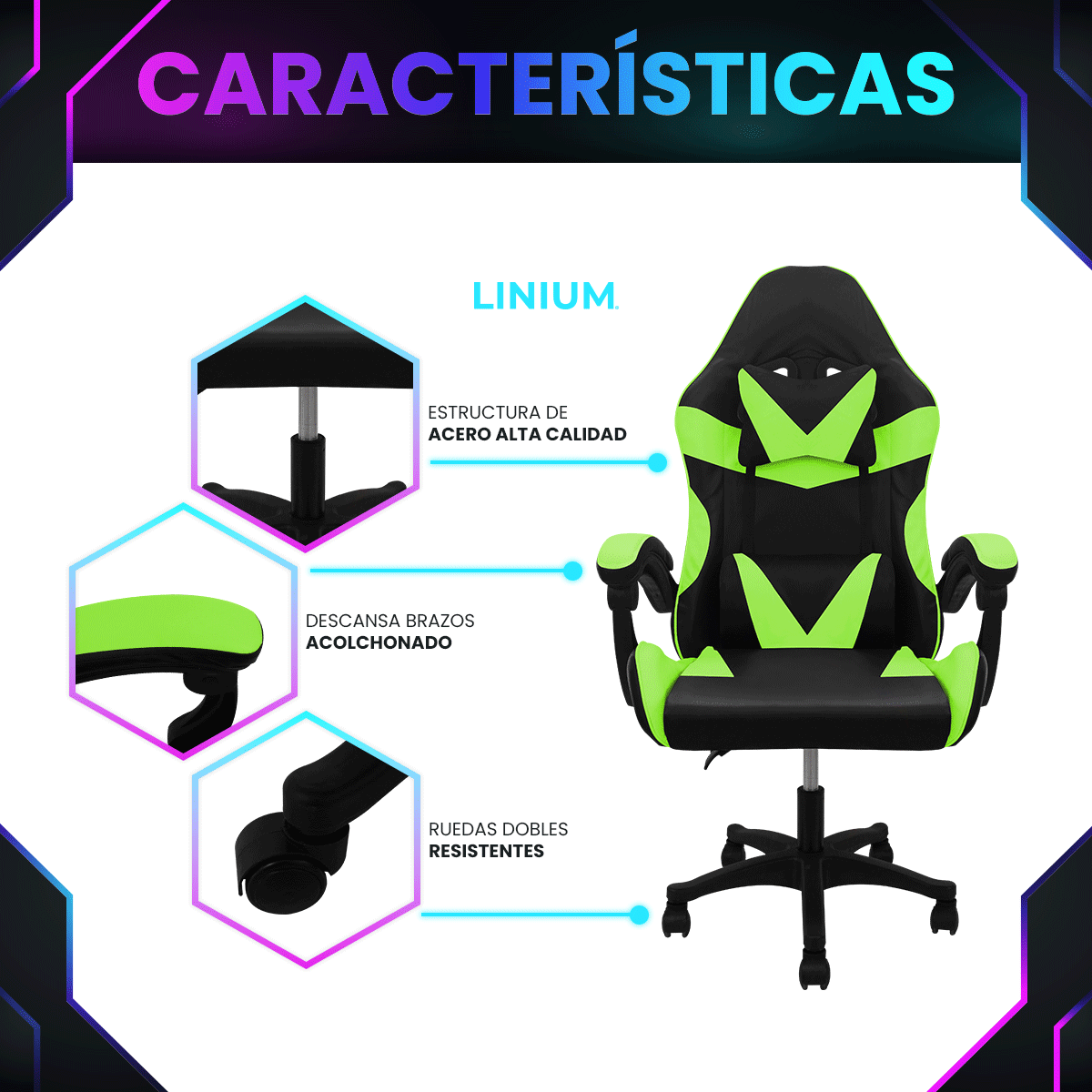 Foto 5 pulgar | Silla Gamer de Oficina Linium Ergonómica Super Cómoda Verde