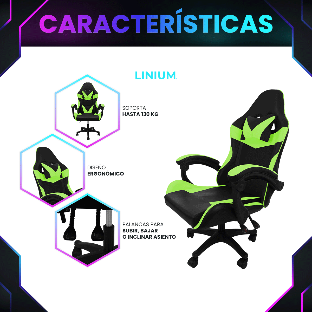 Foto 8 pulgar | Silla Gamer de Oficina Linium Ergonómica Super Cómoda Verde