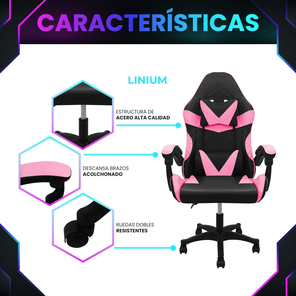 Foto 5 pulgar | Silla Gamer Linium Rosa