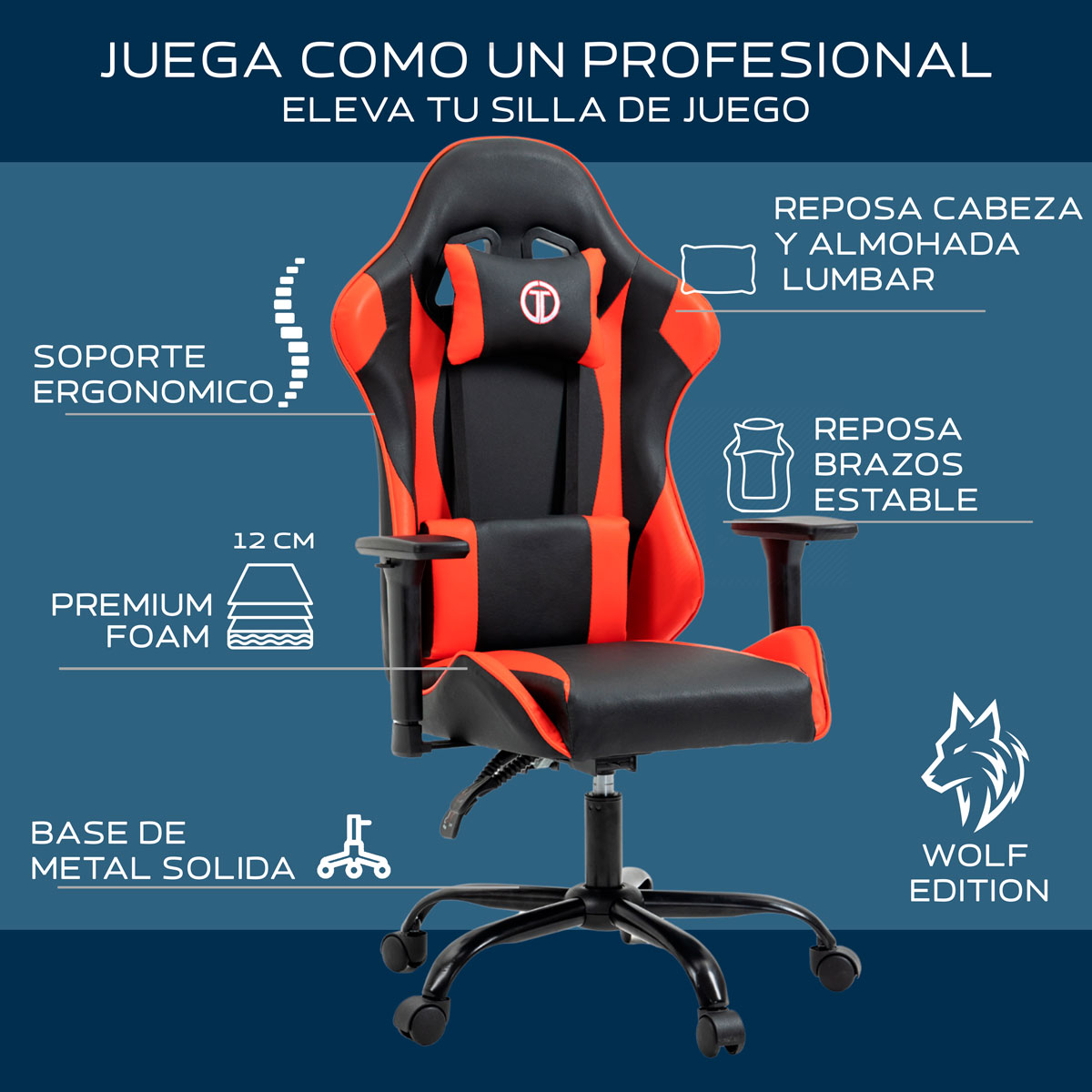 Foto 6 pulgar | Silla Gaming Sin Reposapies Wolf- Rojo